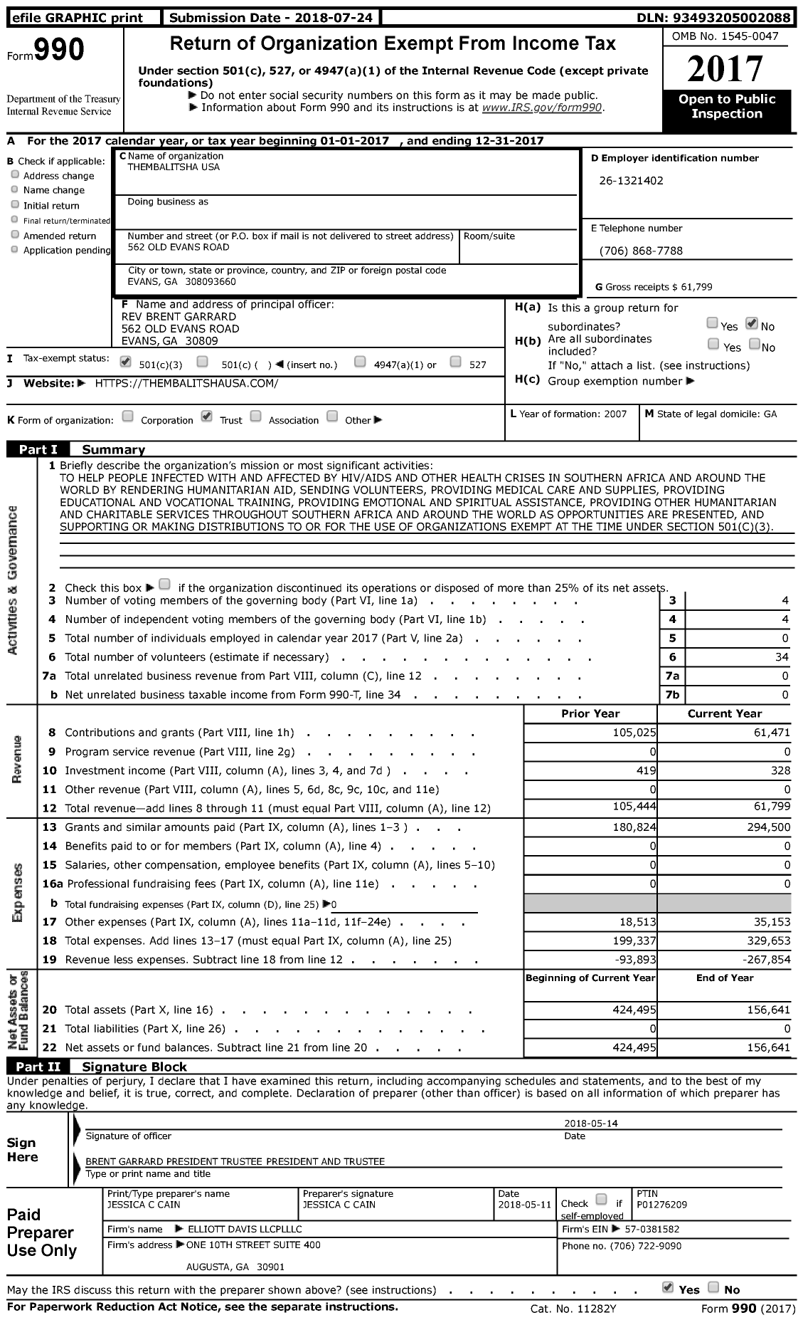 Image of first page of 2017 Form 990 for Thembalitsha USA