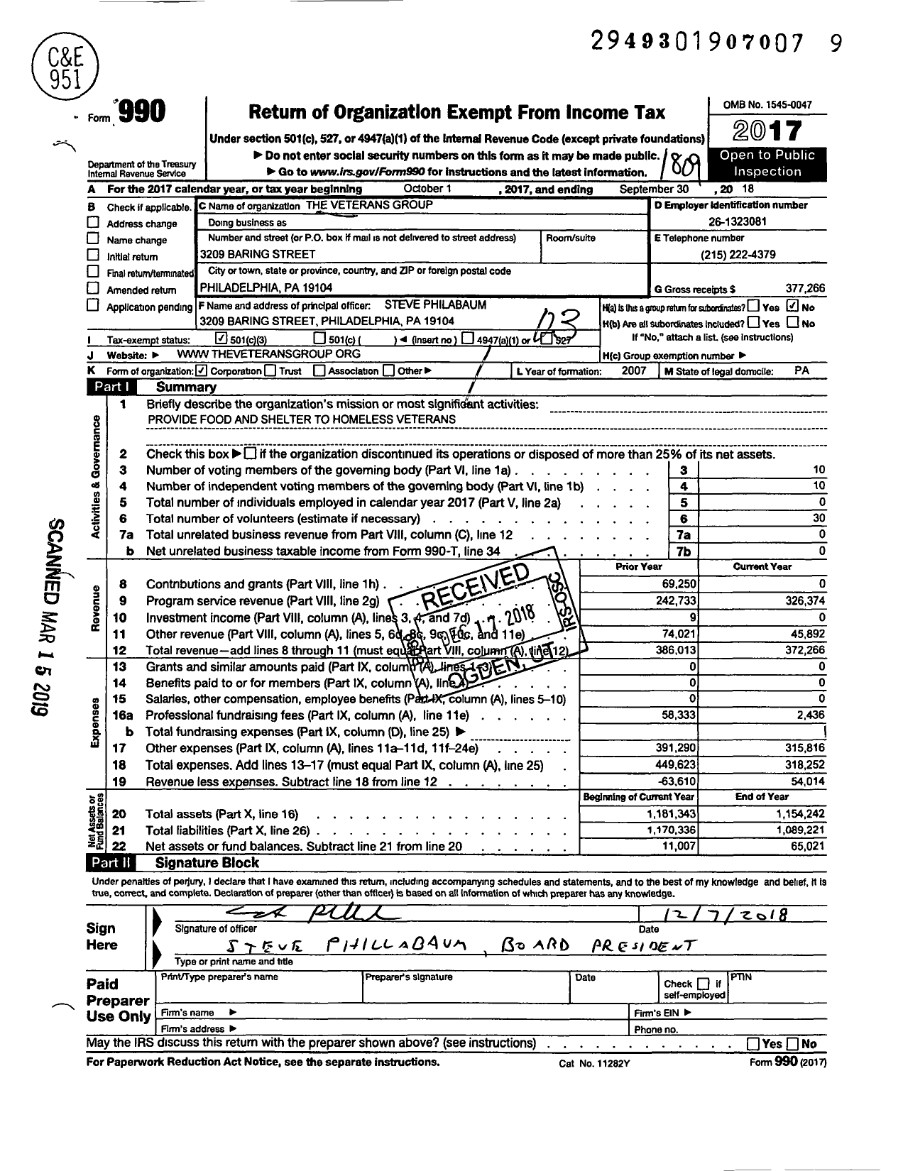 Image of first page of 2017 Form 990 for The Veterans Group