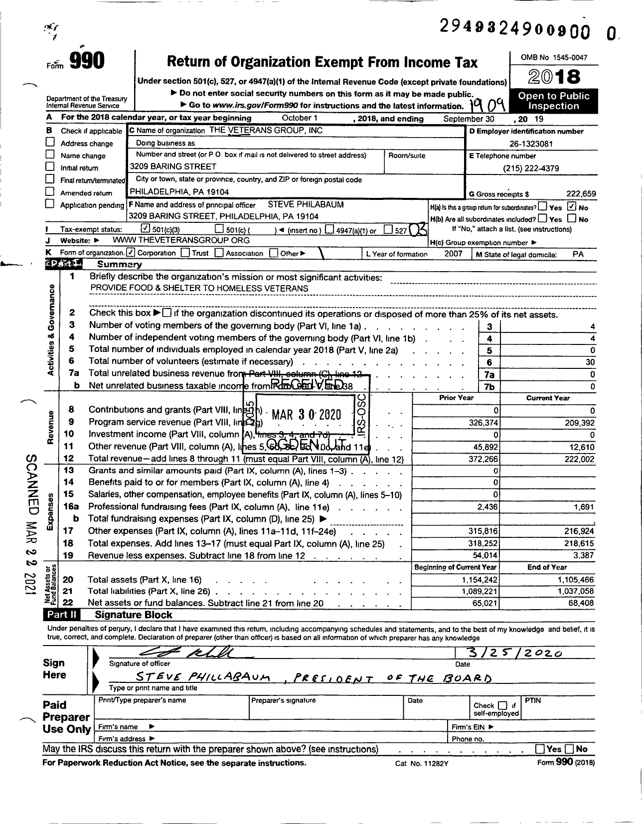 Image of first page of 2018 Form 990 for The Veterans Group