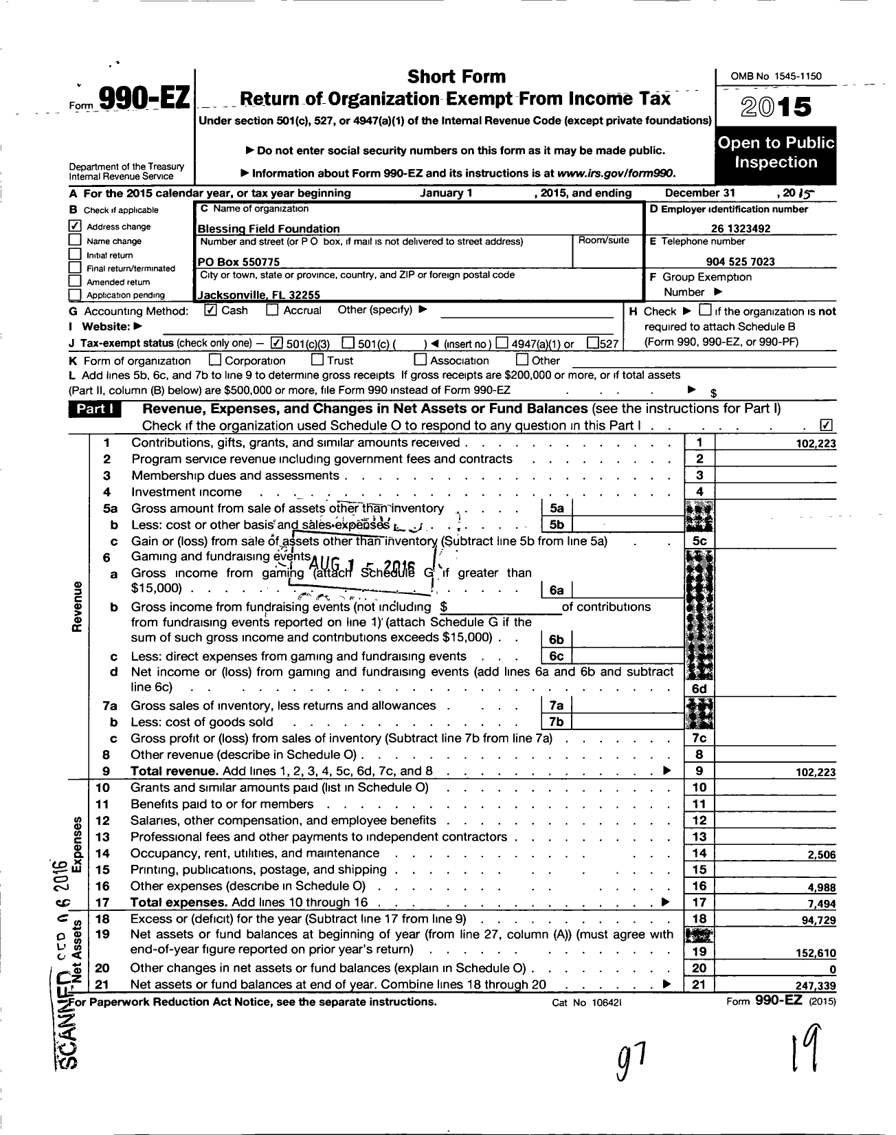 Image of first page of 2015 Form 990EZ for Blessing Field Foundation