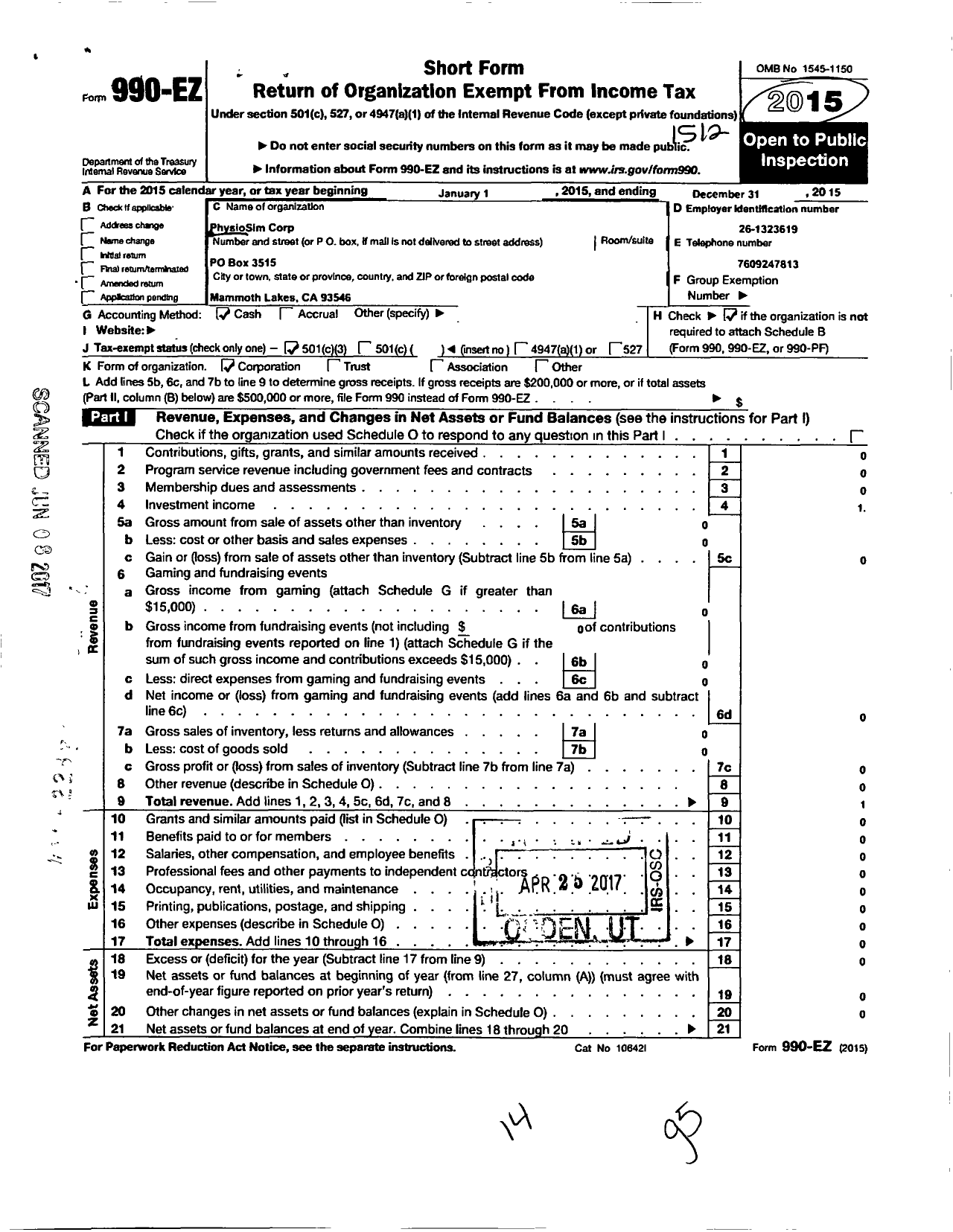 Image of first page of 2015 Form 990EZ for PhysioSimorg