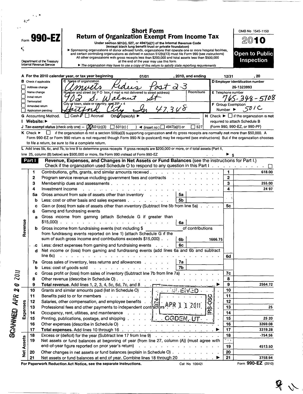 Image of first page of 2010 Form 990EZ for Amvets - 23 in