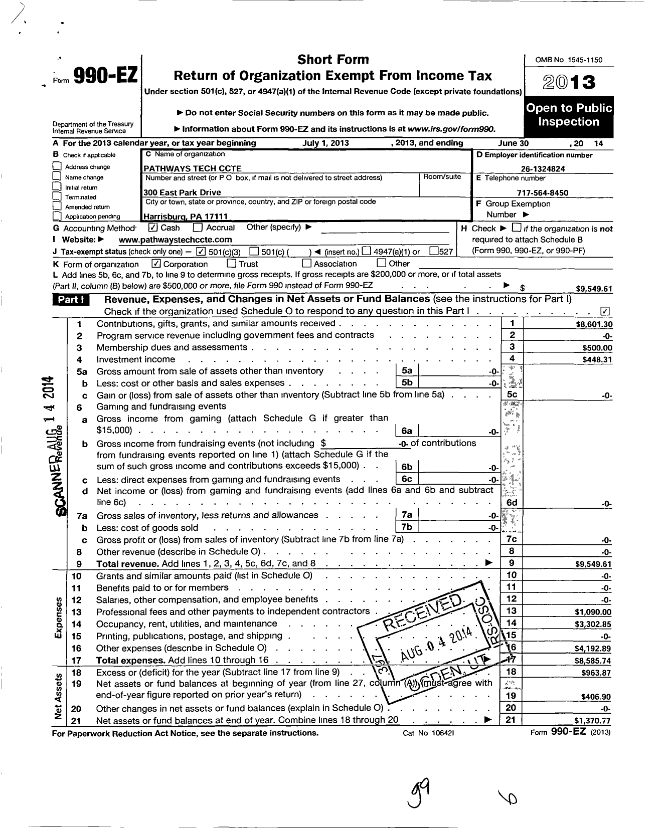 Image of first page of 2013 Form 990EZ for Pathways Tech Ccte