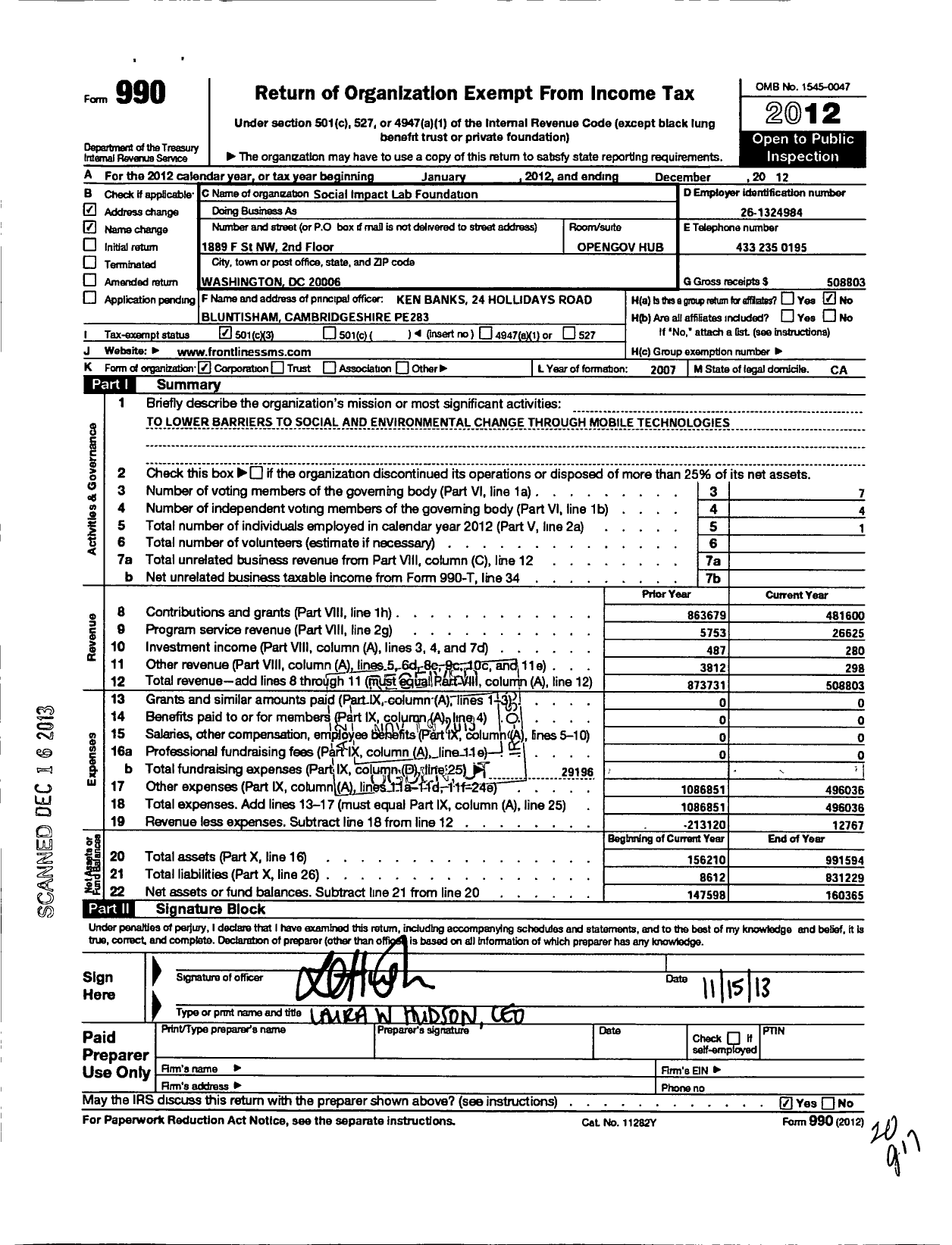 Image of first page of 2012 Form 990 for Social Impact Lab Foundation