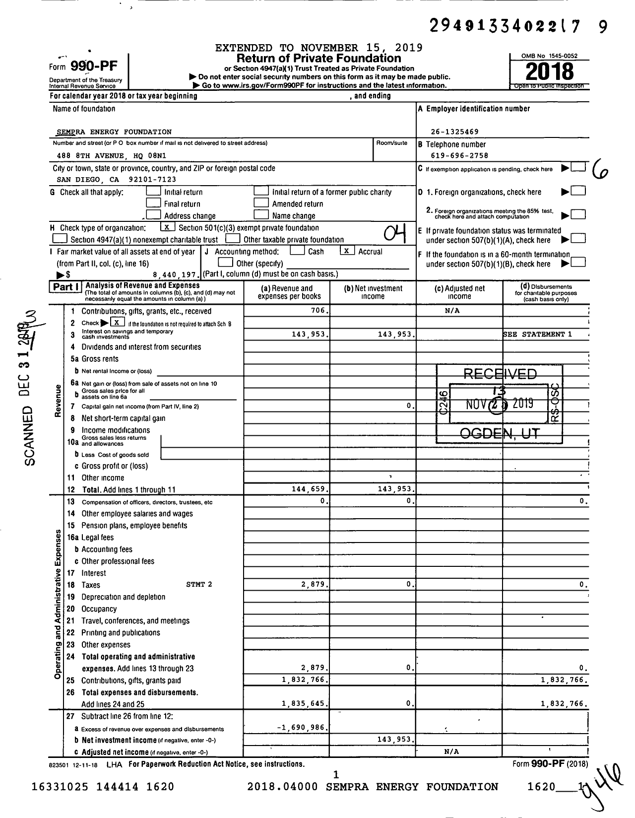 Image of first page of 2018 Form 990PF for Sempra Foundation