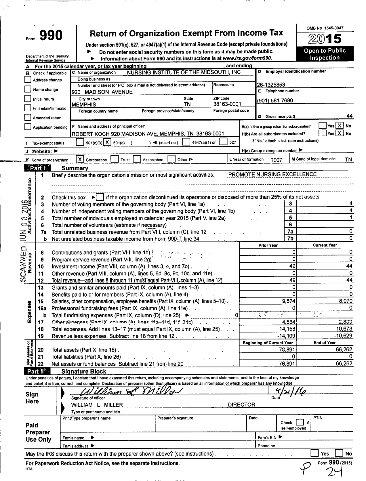Image of first page of 2015 Form 990O for Nursing Institute of the Midsouth
