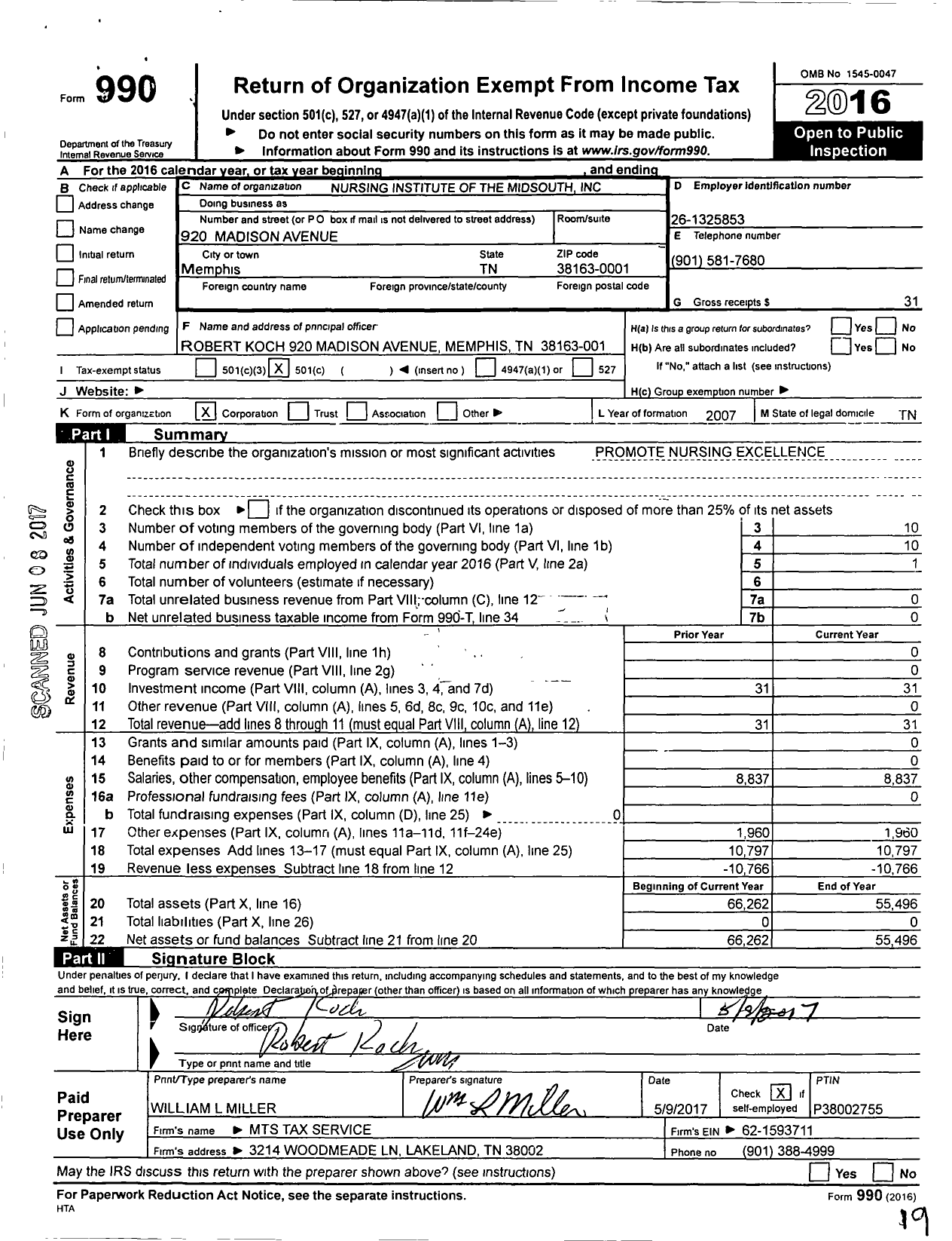 Image of first page of 2016 Form 990O for Nursing Institute of the Midsouth