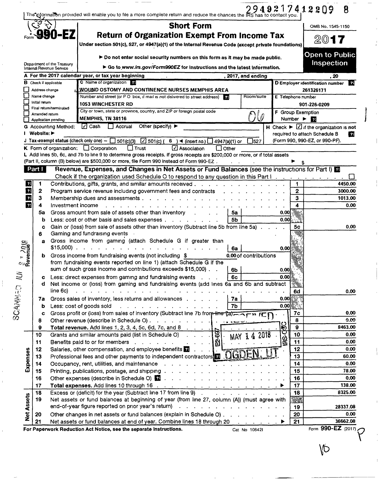 Image of first page of 2017 Form 990EO for Wound Ostomy and Continence Nurses Memphis Area