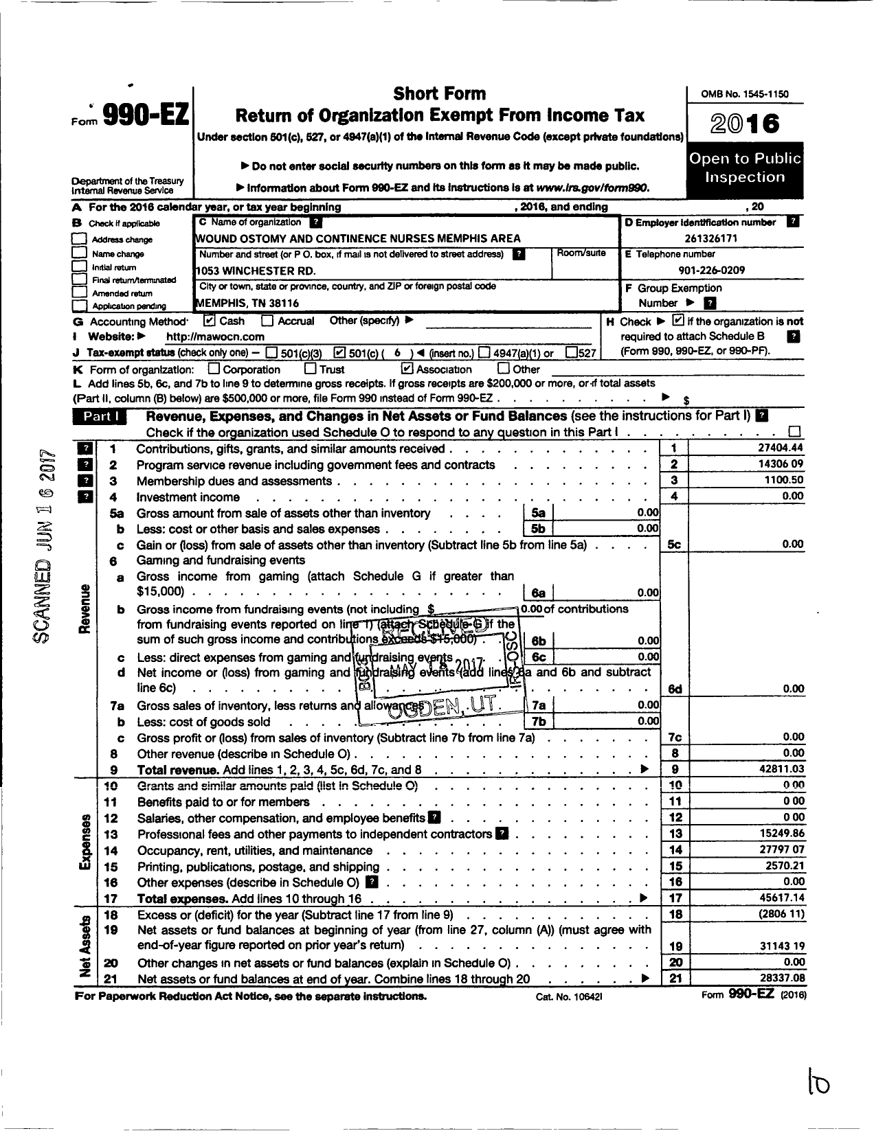 Image of first page of 2016 Form 990EO for Wound Ostomy and Continence Nurses Memphis Area