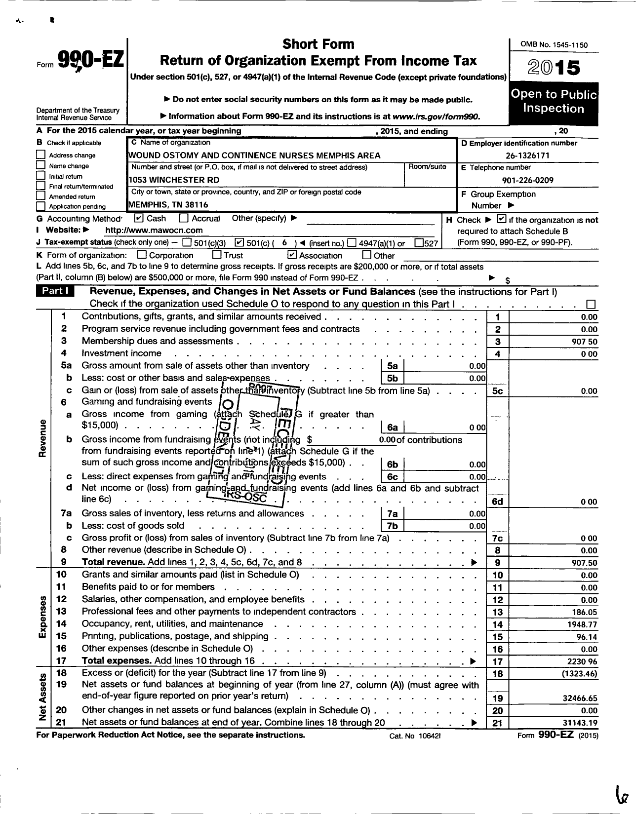 Image of first page of 2015 Form 990EO for Wound Ostomy and Continence Nurses Memphis Area