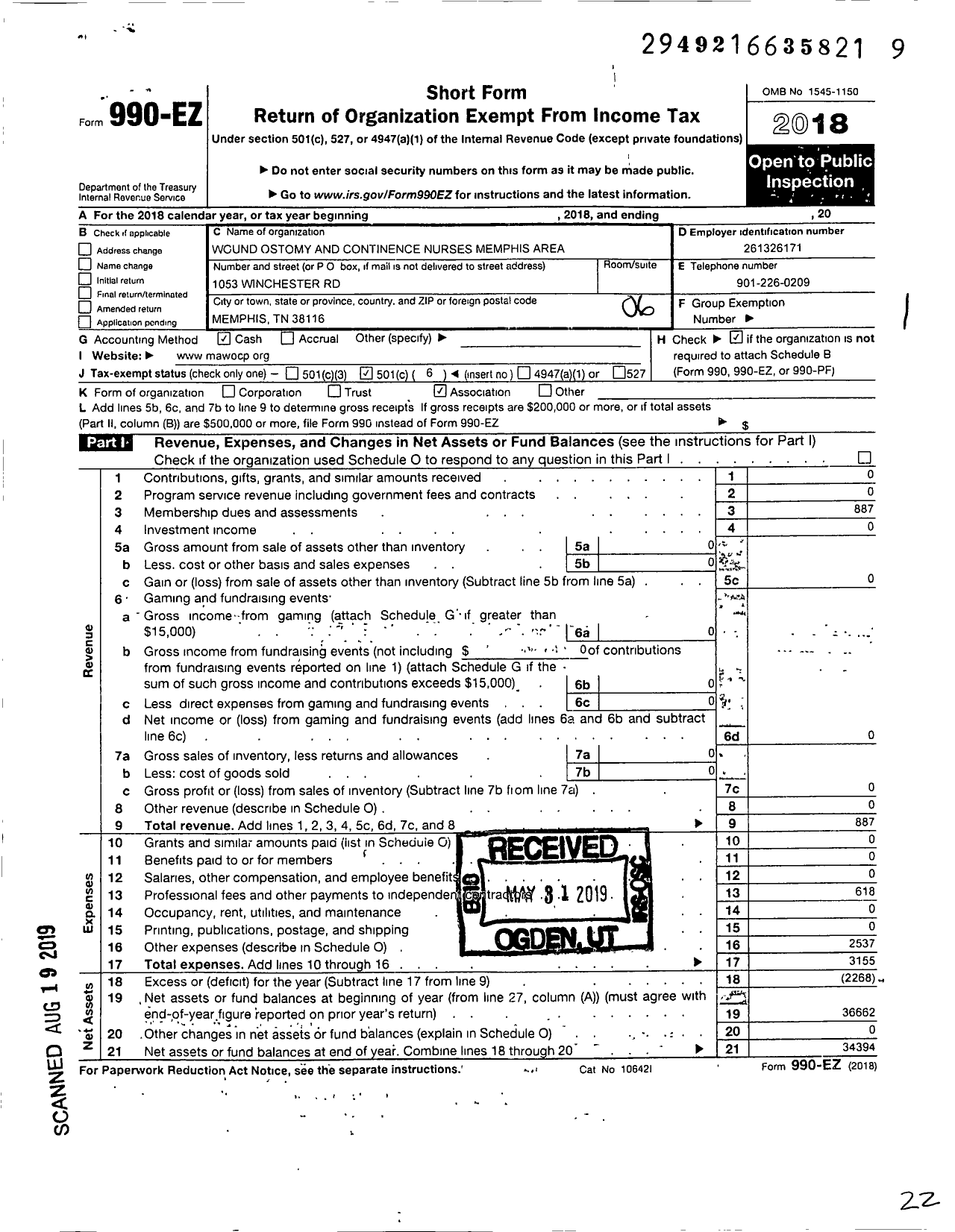 Image of first page of 2018 Form 990EO for Wound Ostomy and Continence Nurses Memphis Area