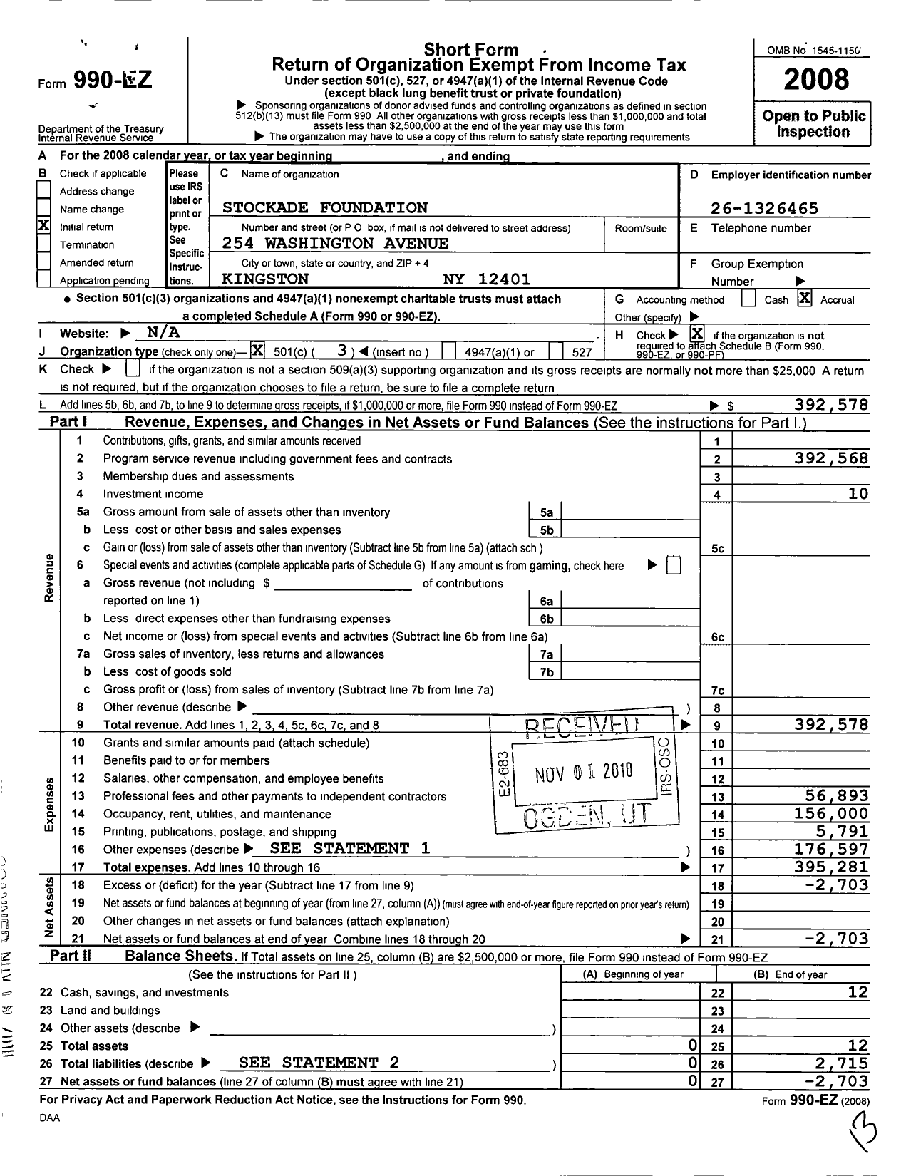 Image of first page of 2008 Form 990EZ for Stockade Foundation