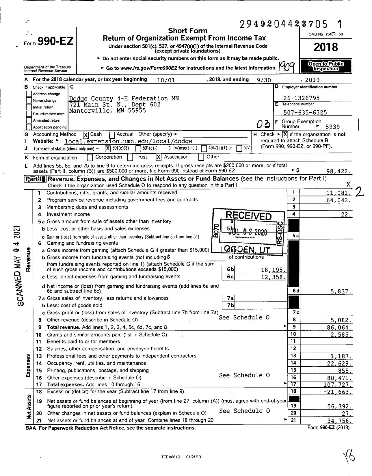 Image of first page of 2018 Form 990EZ for Dodge County 4-H Federation MN