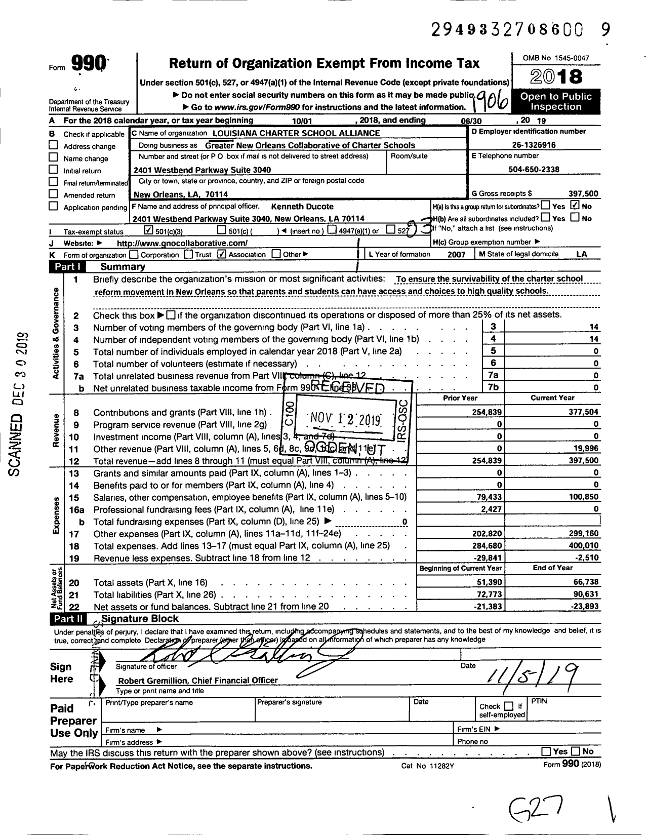 Image of first page of 2018 Form 990 for Greater New Orleans Collaborative of Charter Schools