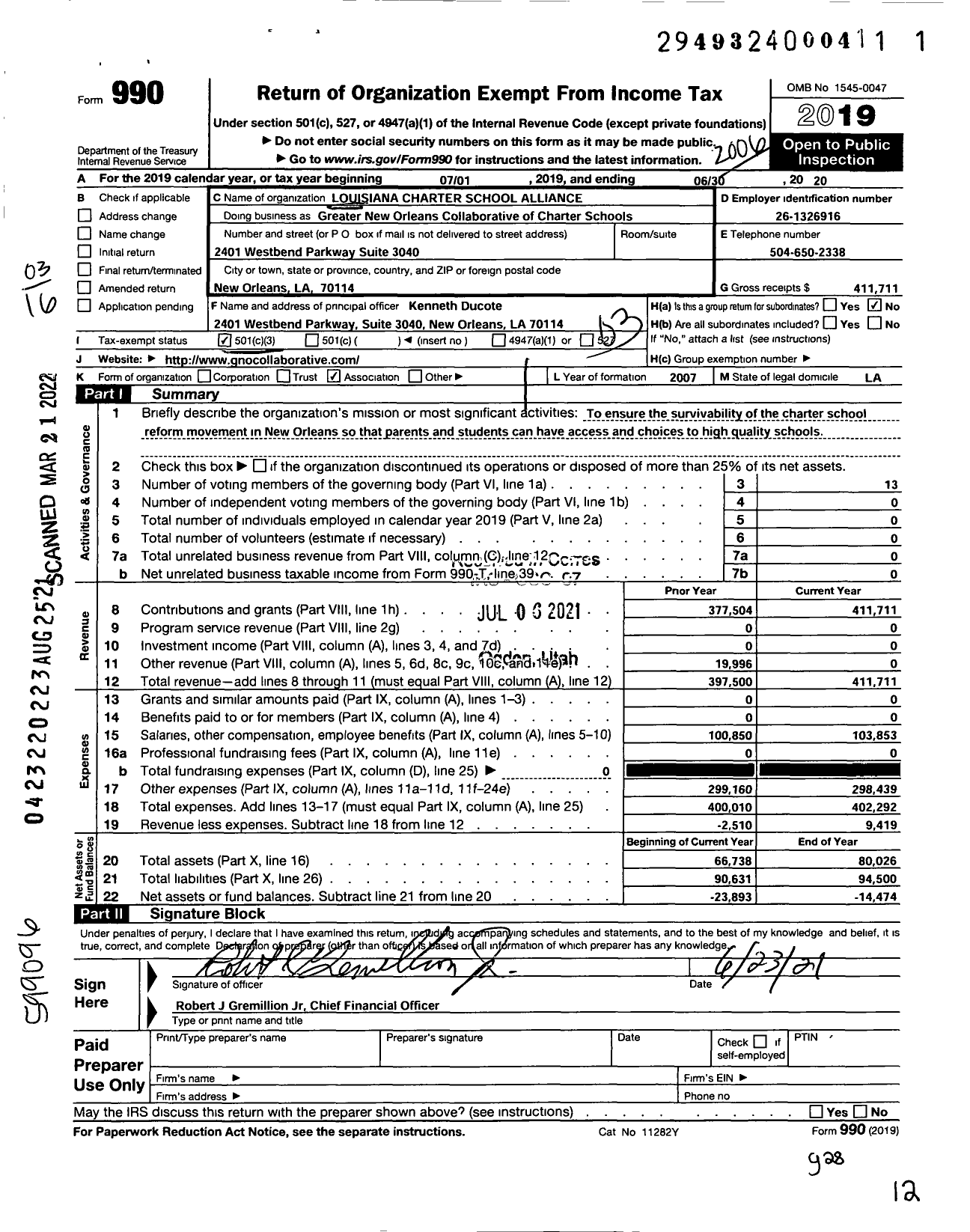 Image of first page of 2019 Form 990 for Greater New Orleans Collaborative of Charter Schools