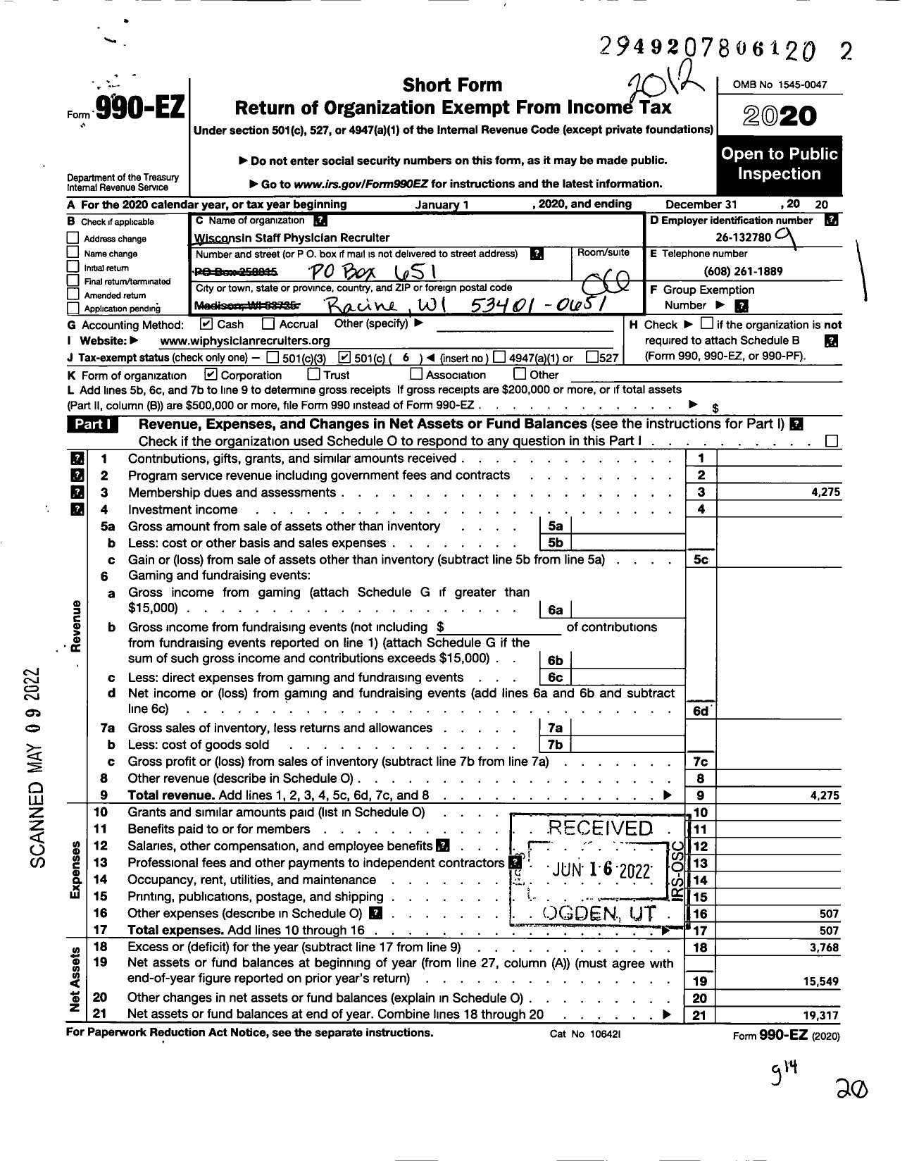 Image of first page of 2020 Form 990EO for Wisconsin Staff Physician Recruiters