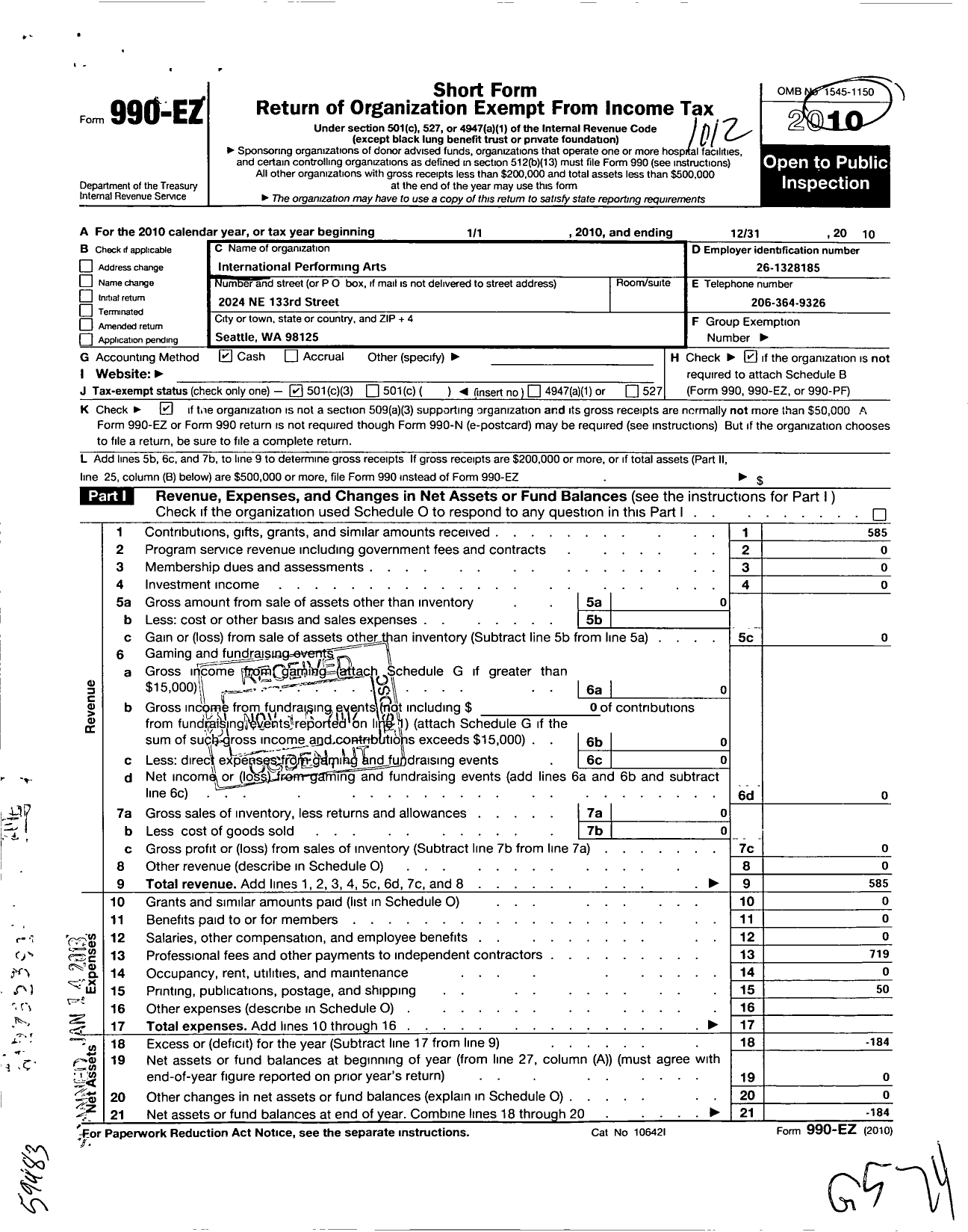 Image of first page of 2010 Form 990EZ for International Performing Arts