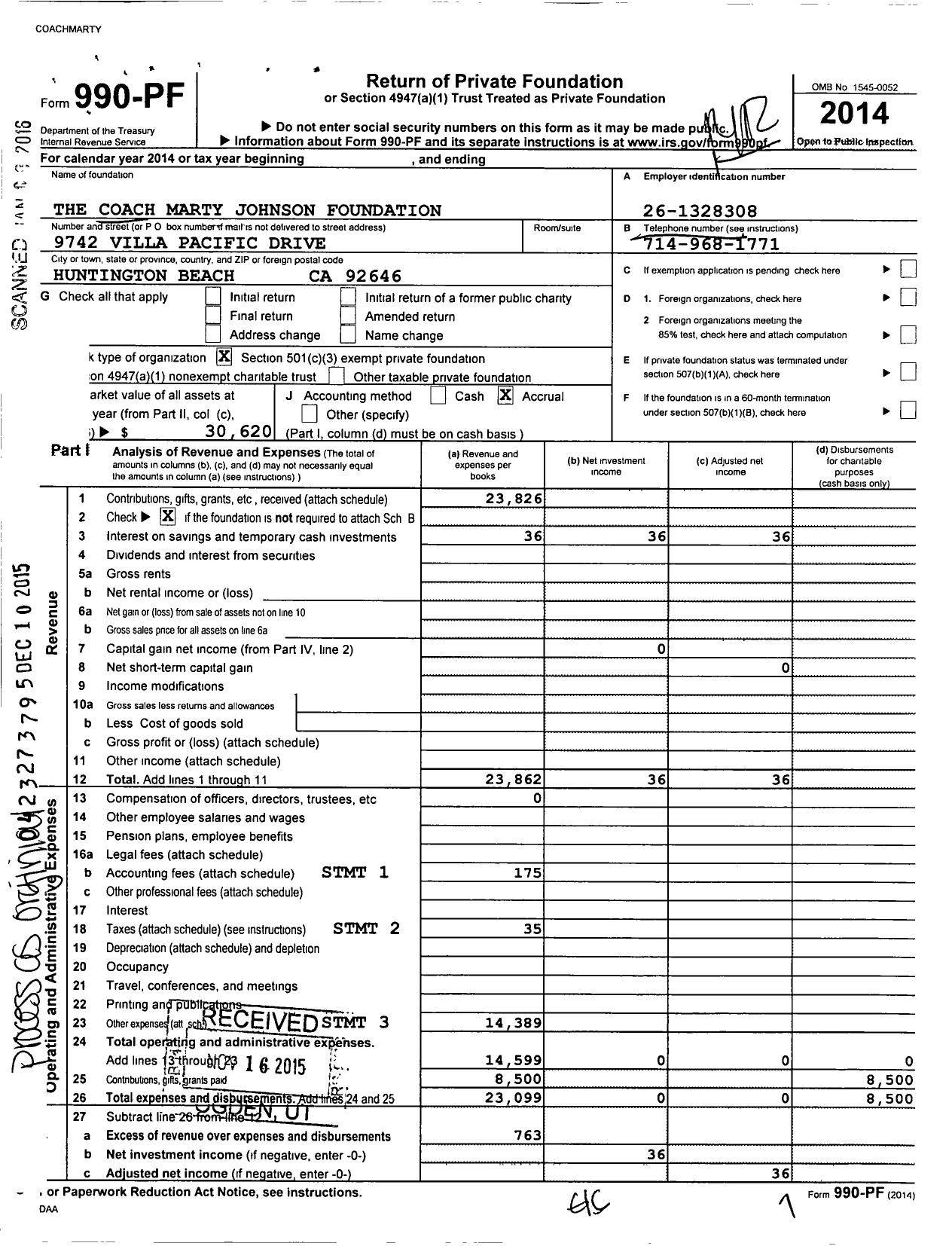 Image of first page of 2014 Form 990PF for The Coach Marty Johnson Foundation