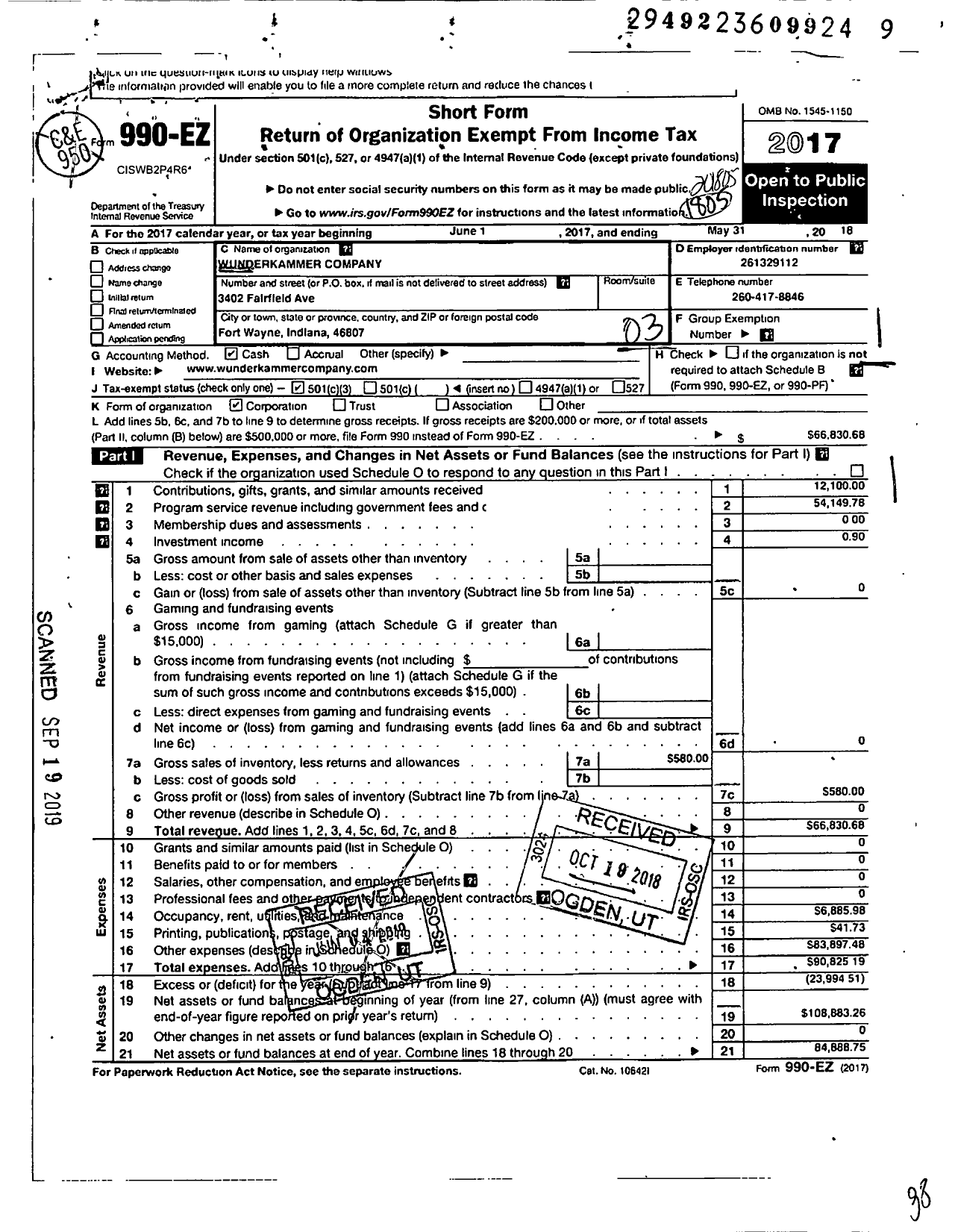 Image of first page of 2017 Form 990EZ for Wunderkammer Company