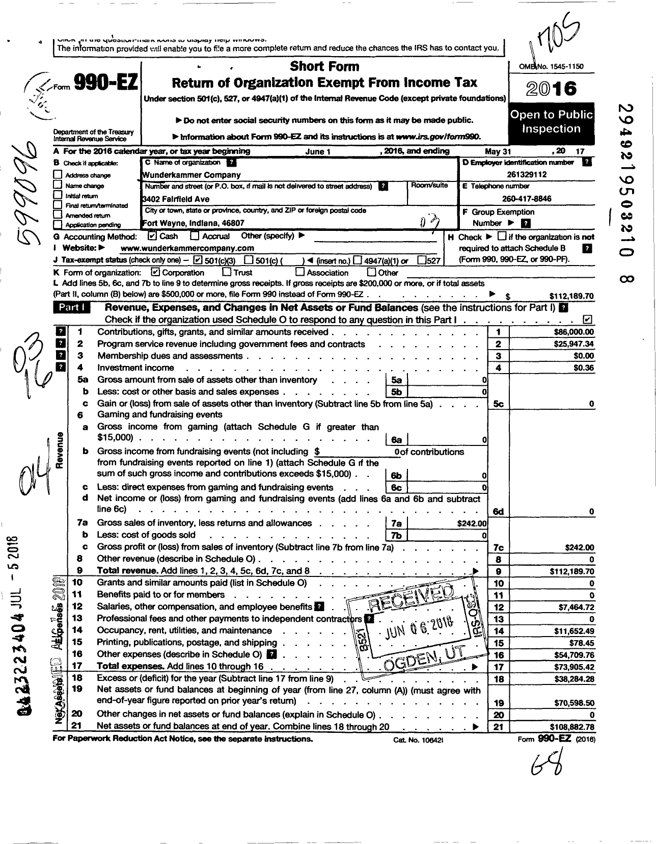 Image of first page of 2016 Form 990EZ for Wunderkammer Company