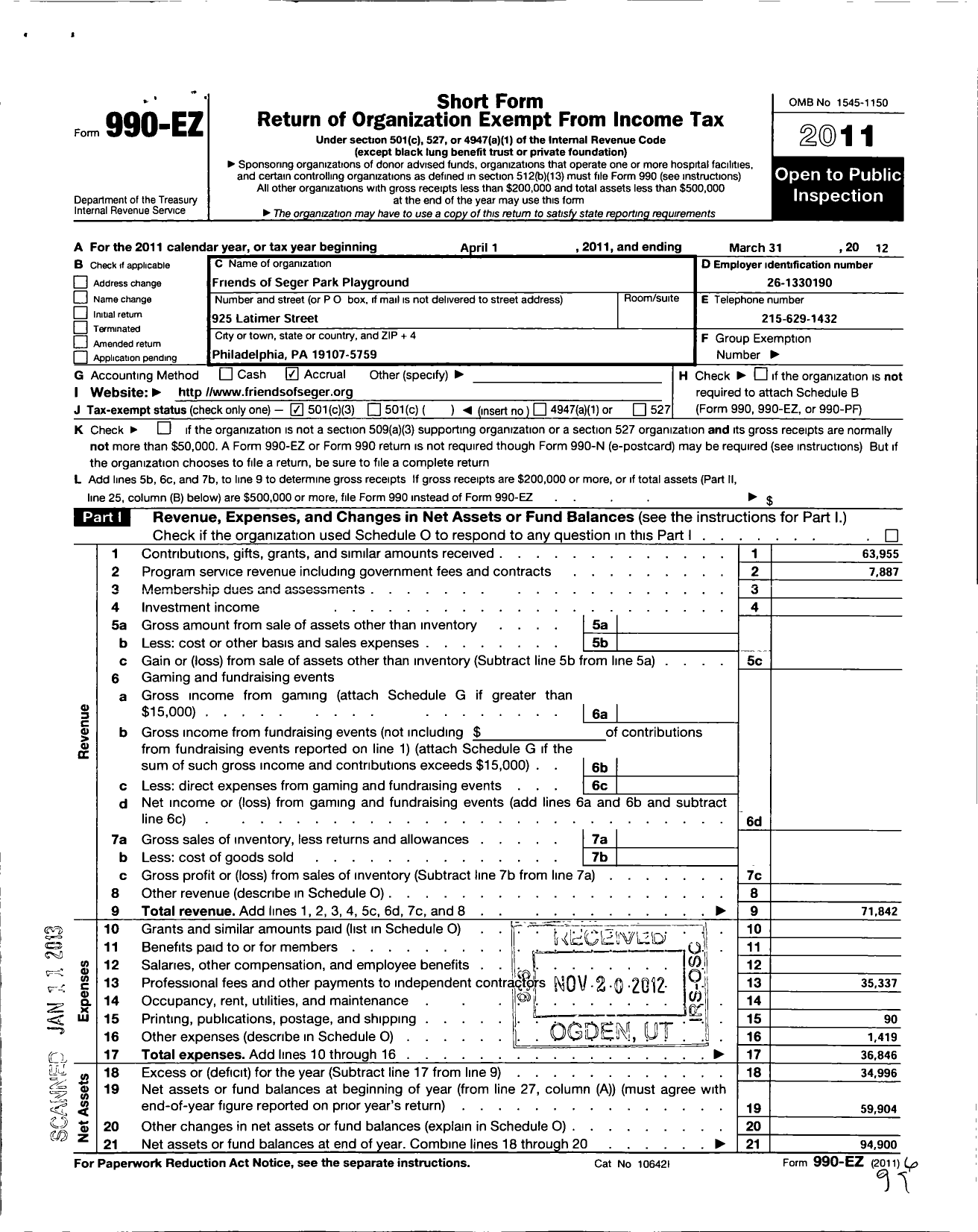 Image of first page of 2011 Form 990EZ for Friends of Seger Park Playground