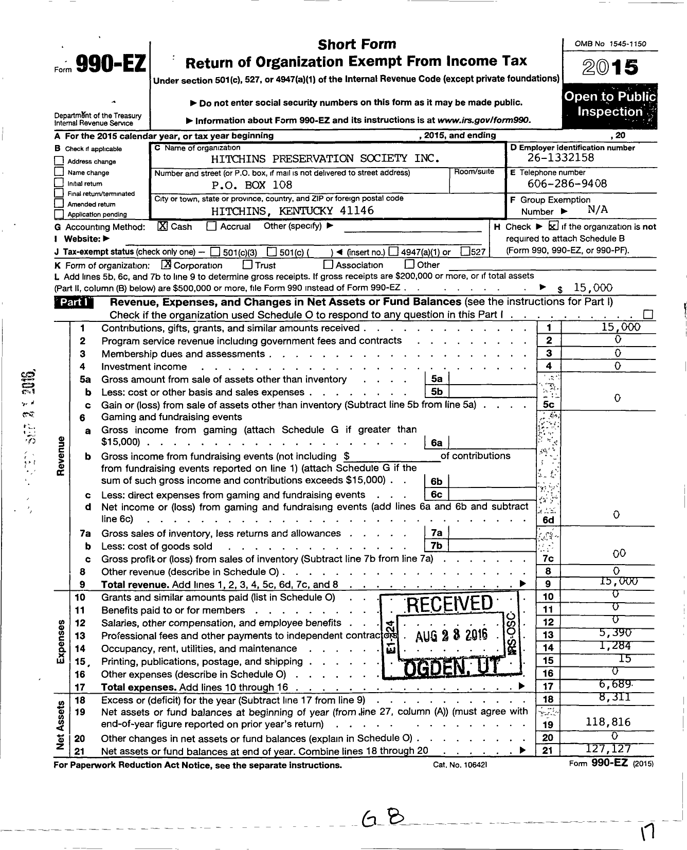 Image of first page of 2015 Form 990EO for Hitchins Preservation Society