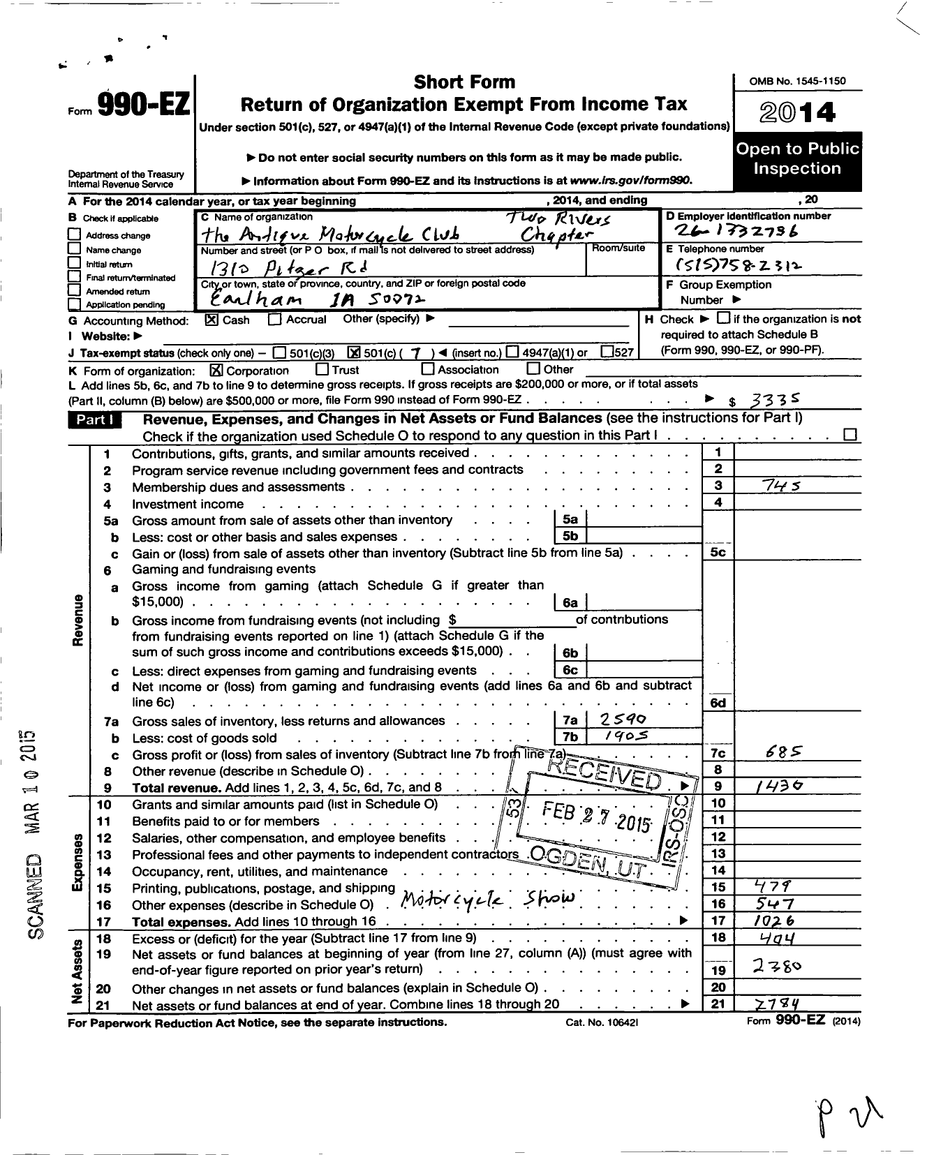 Image of first page of 2014 Form 990EO for The Antique Montorcycle Club of America