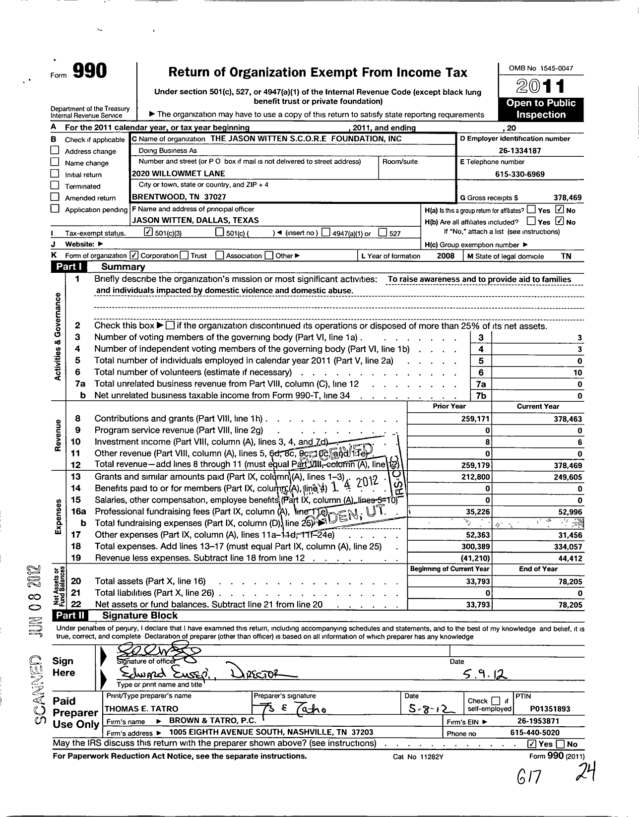 Image of first page of 2011 Form 990 for Jason Witten S C O R E Foundation