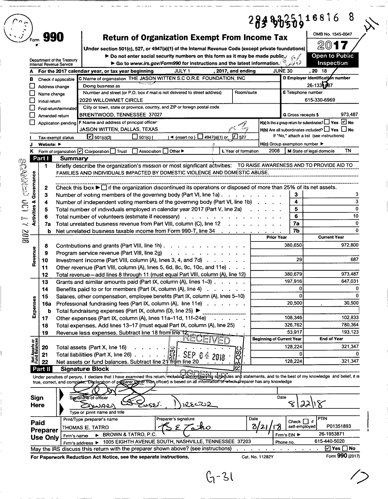 Image of first page of 2017 Form 990 for Jason Witten S C O R E Foundation