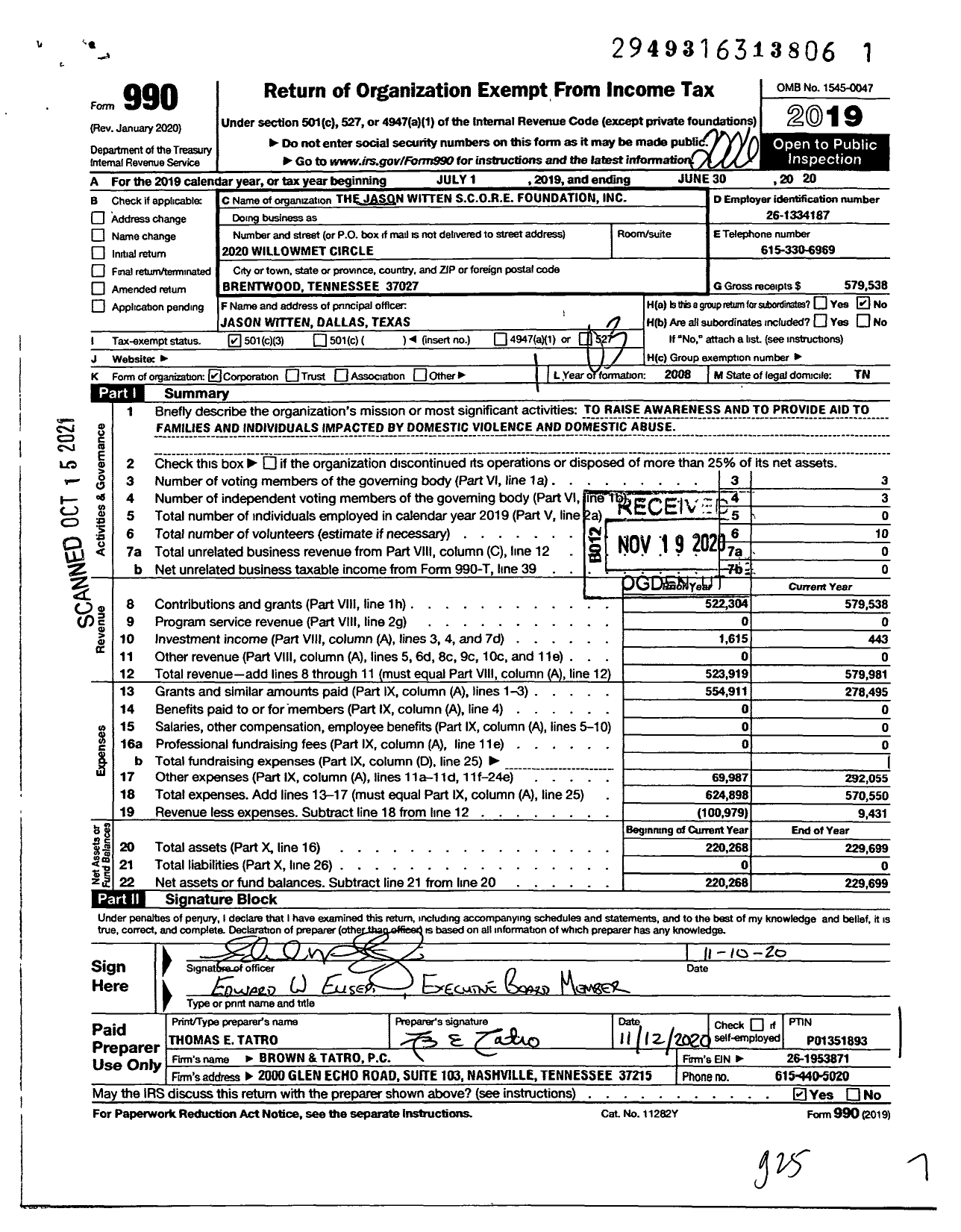 Image of first page of 2019 Form 990 for Jason Witten S C O R E Foundation