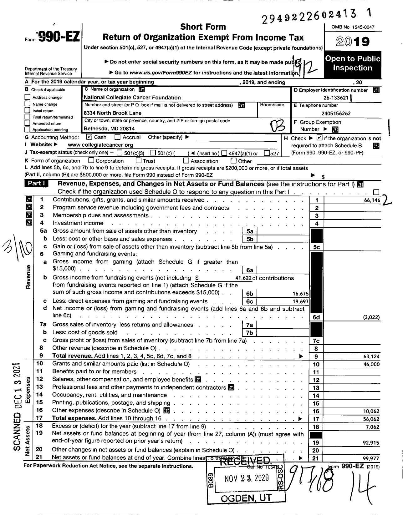 Image of first page of 2019 Form 990EZ for National Collegiate Cancer Foundation