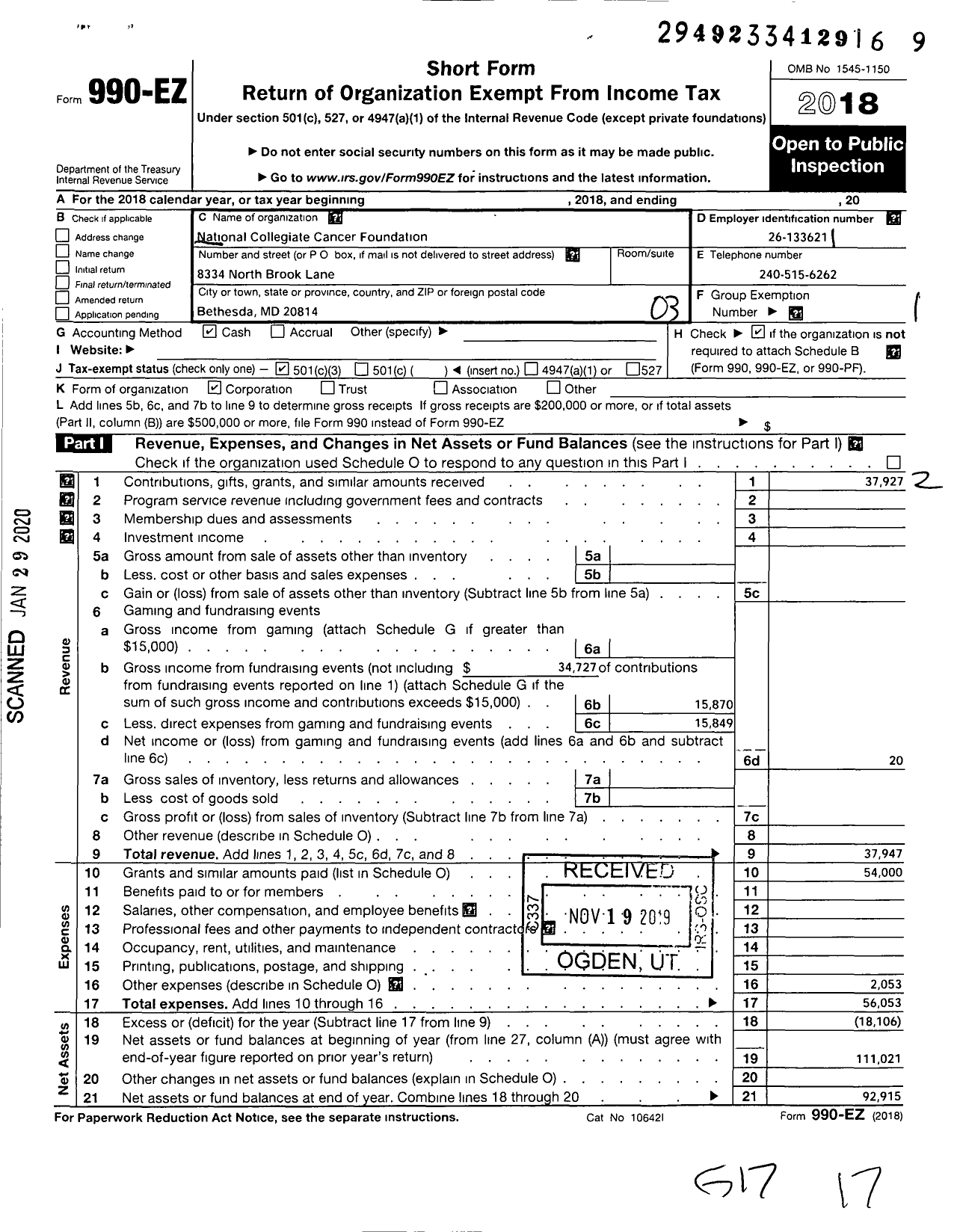 Image of first page of 2018 Form 990EZ for National Collegiate Cancer Foundation