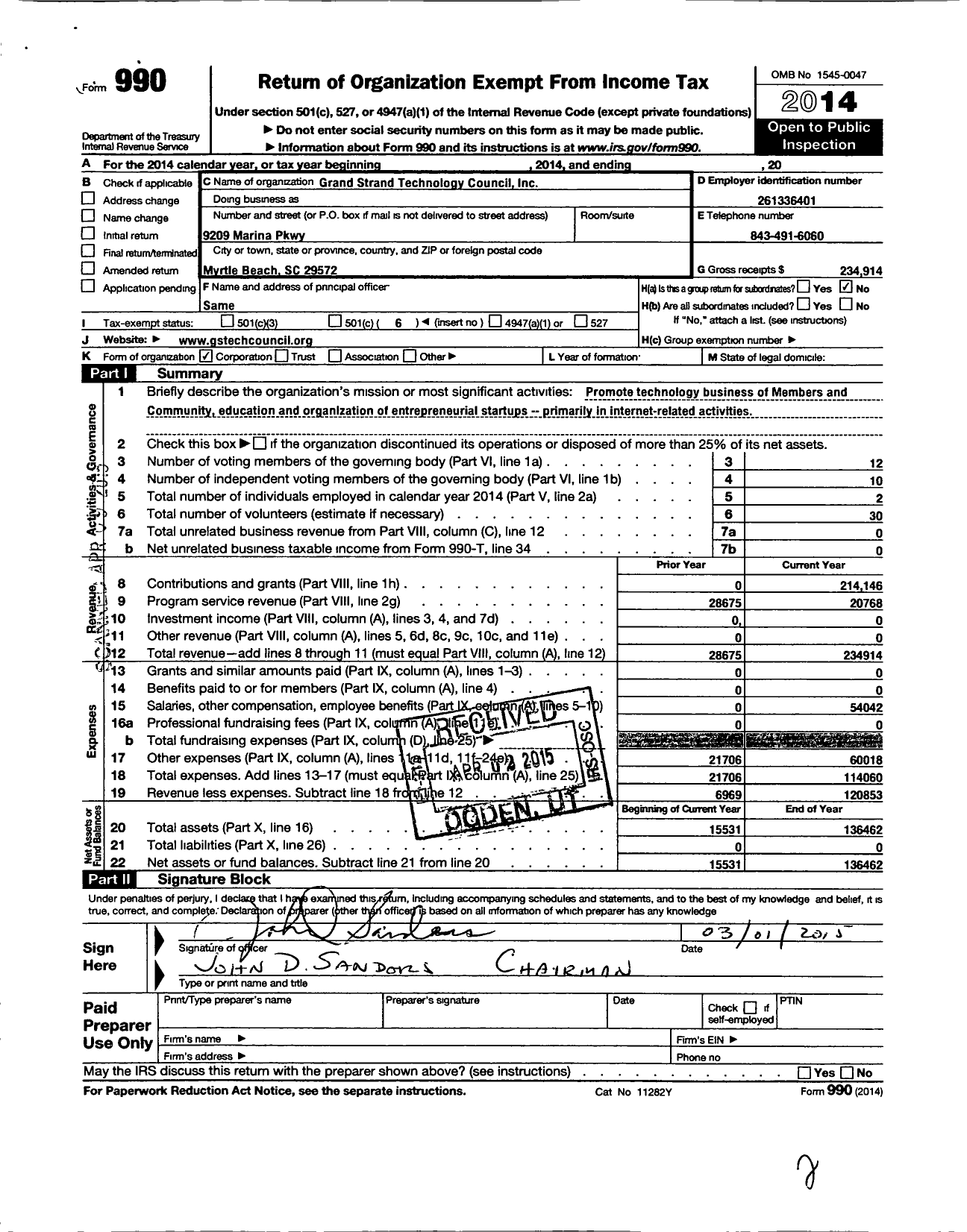 Image of first page of 2014 Form 990O for Grand Strand Technology Council