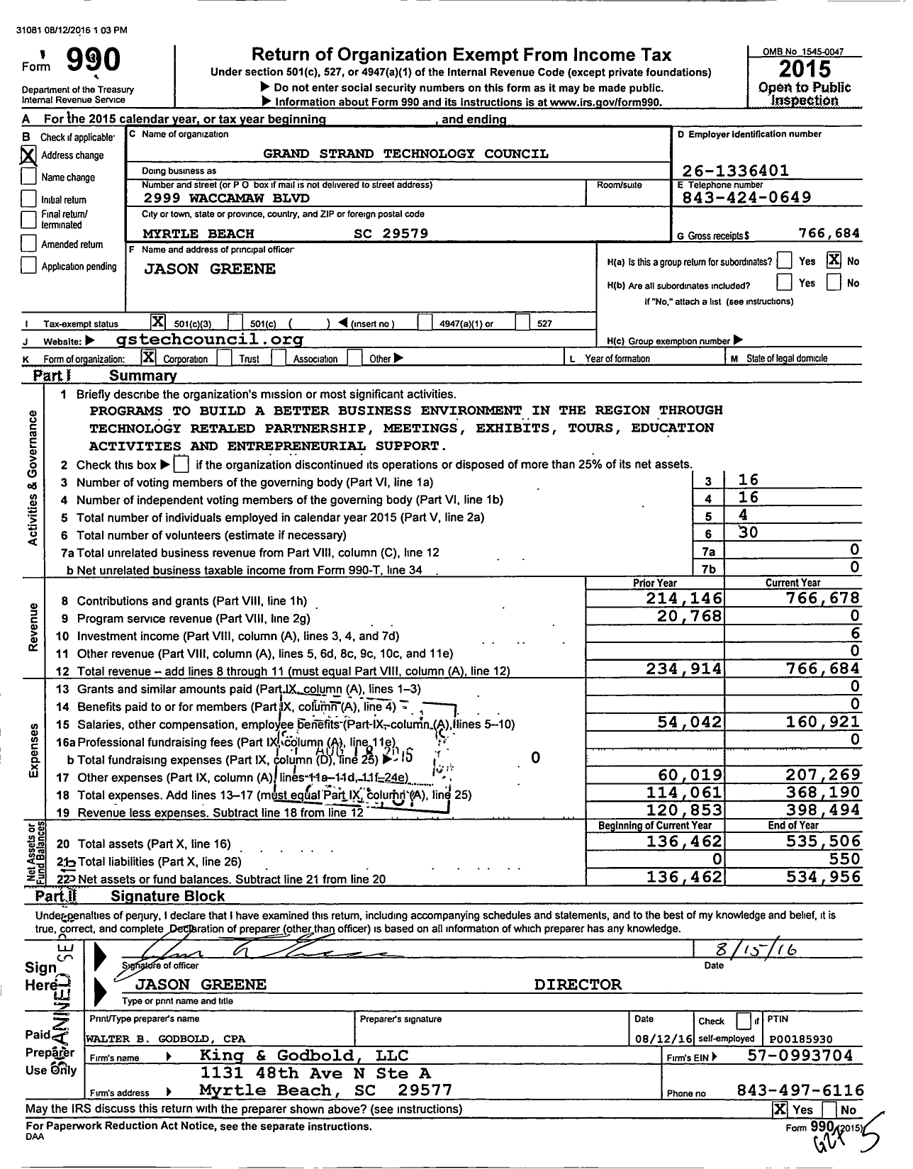 Image of first page of 2015 Form 990 for Grand Strand Technology Council