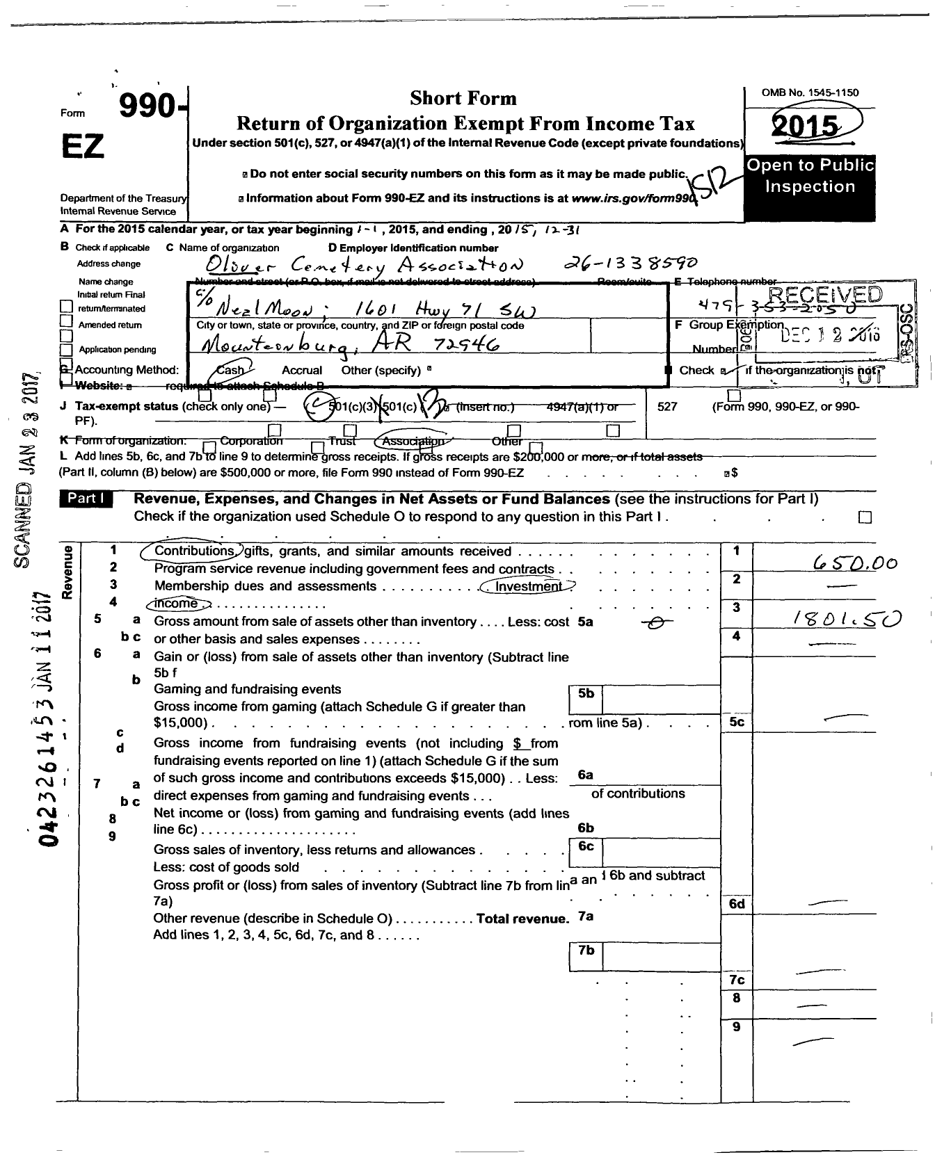 Image of first page of 2015 Form 990EO for Oliver Cemetery Association