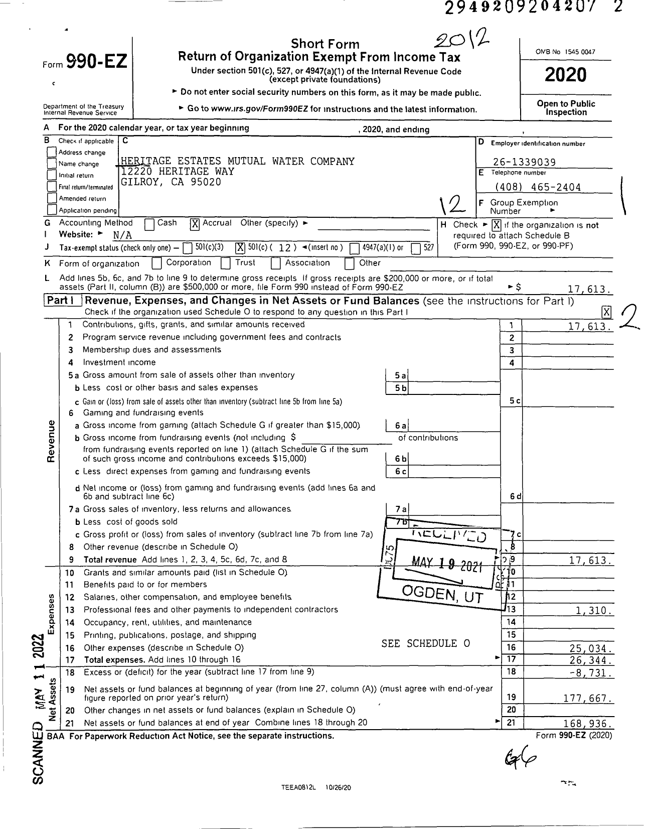 Image of first page of 2020 Form 990EO for Heritage Estates Mutual Water Company