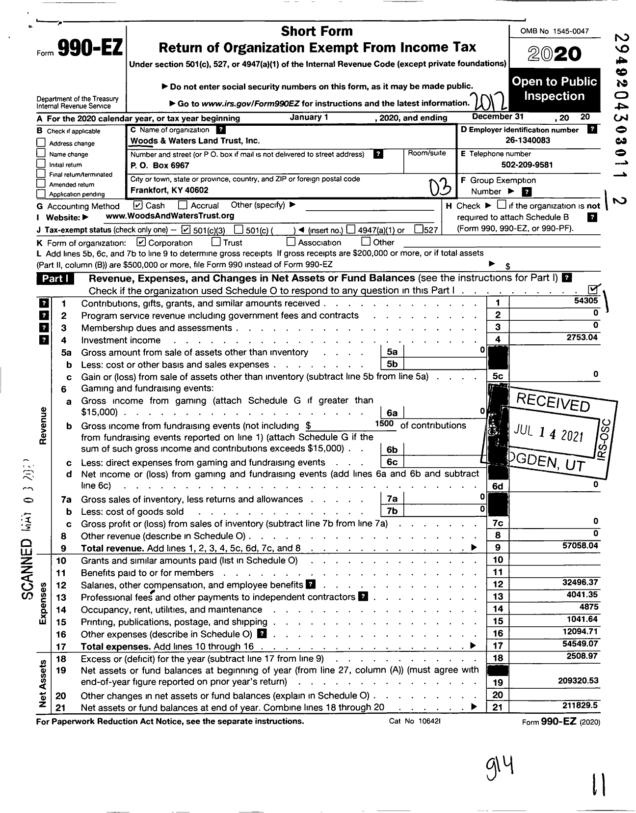 Image of first page of 2020 Form 990EZ for Woods and Waters Land Trust