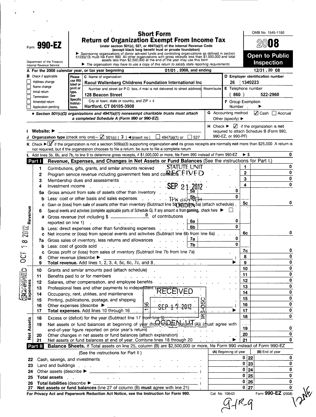 Image of first page of 2008 Form 990EZ for Raoul Wallenberg Childrens Foundation International