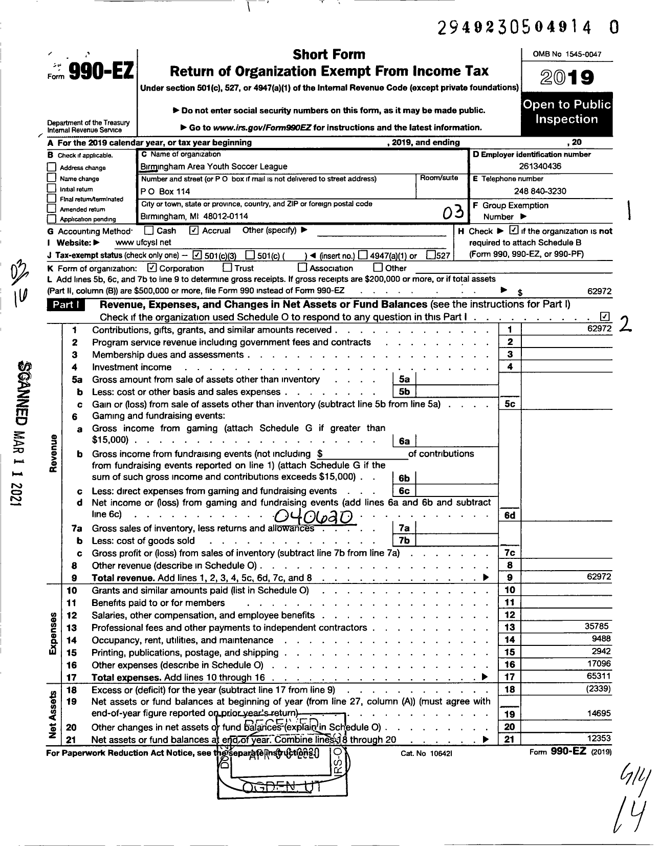 Image of first page of 2019 Form 990EZ for Birmingham Area Youth Soccer League