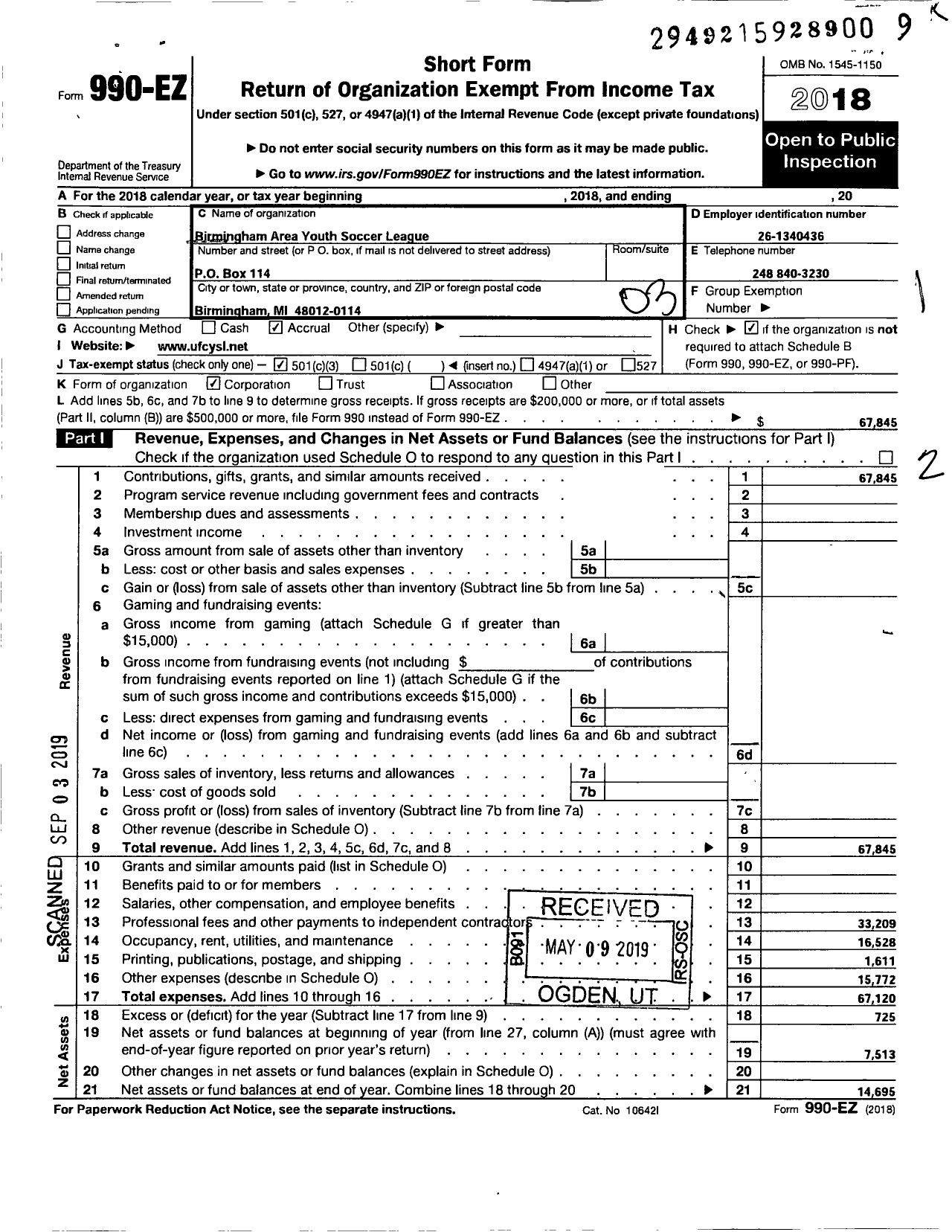 Image of first page of 2018 Form 990EZ for Birmingham Area Youth Soccer League
