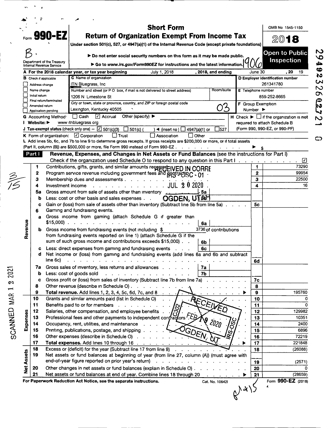 Image of first page of 2018 Form 990EZ for Itnbluegrass