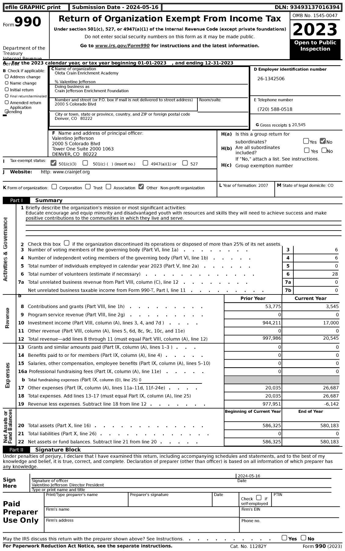 Image of first page of 2023 Form 990 for Crain Jefferson Enrichment Foundation