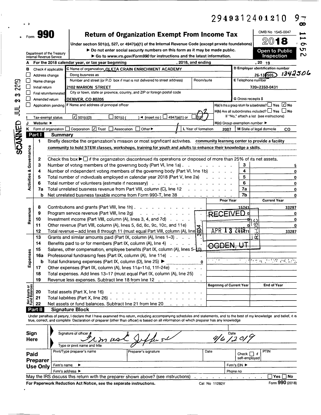 Image of first page of 2018 Form 990 for Crain Jefferson Enrichment Foundation