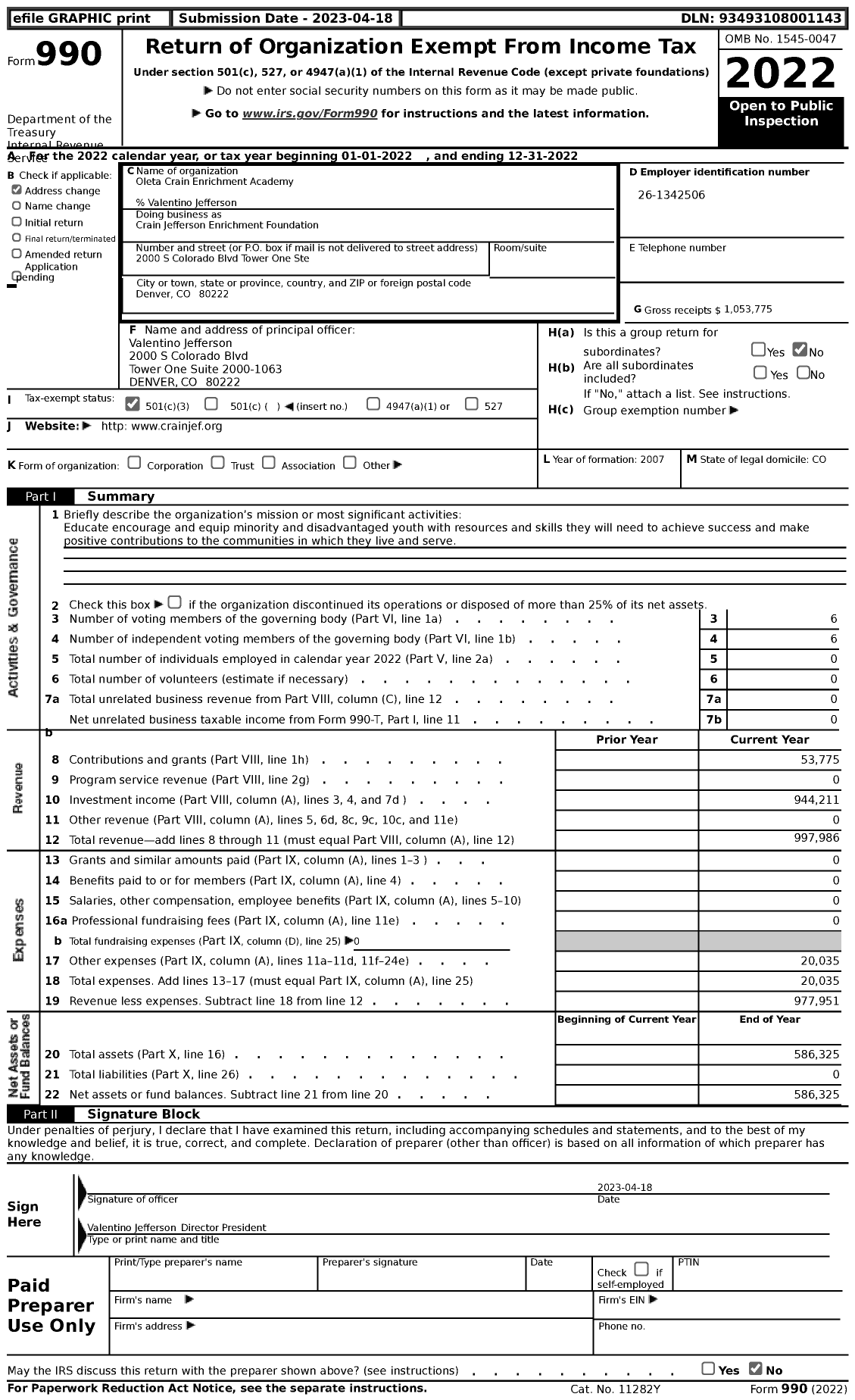 Image of first page of 2022 Form 990 for Crain Jefferson Enrichment Foundation