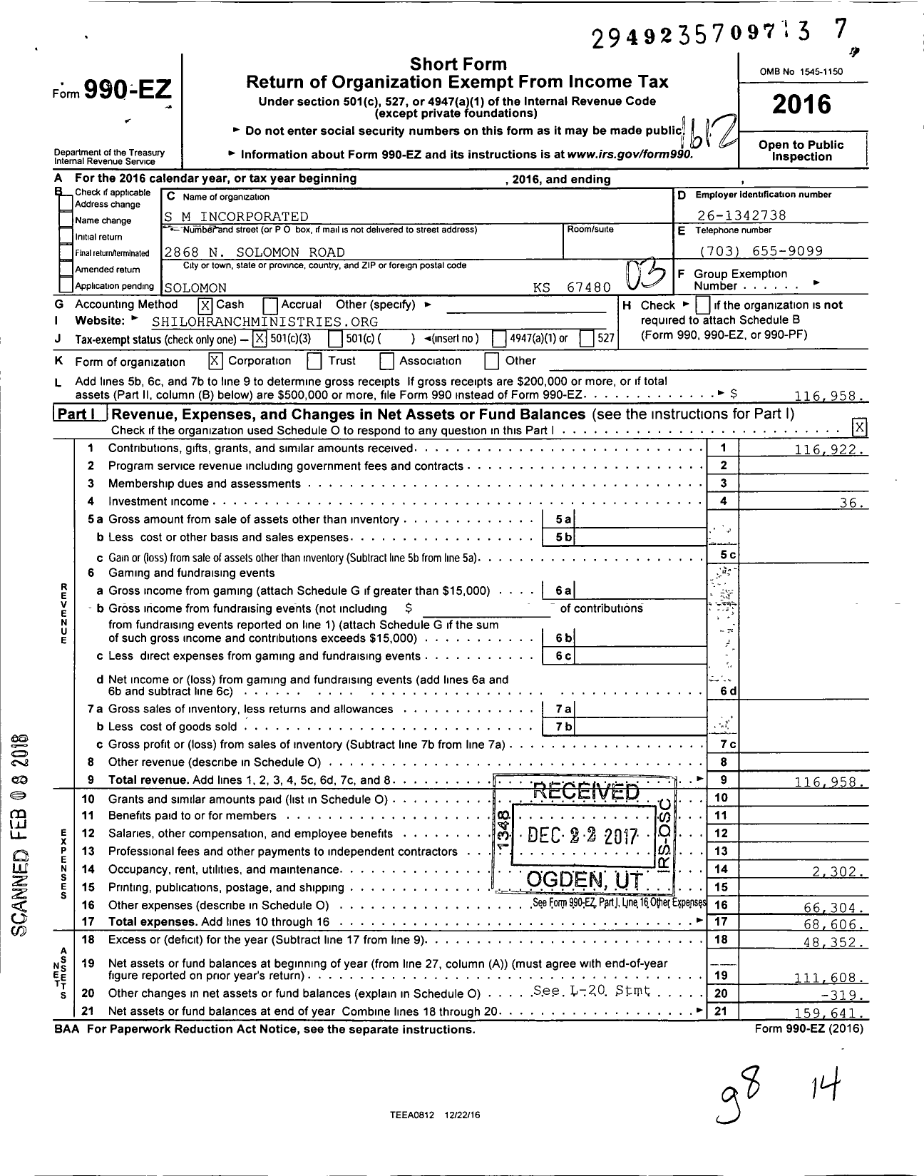 Image of first page of 2016 Form 990EZ for S M Incorporated