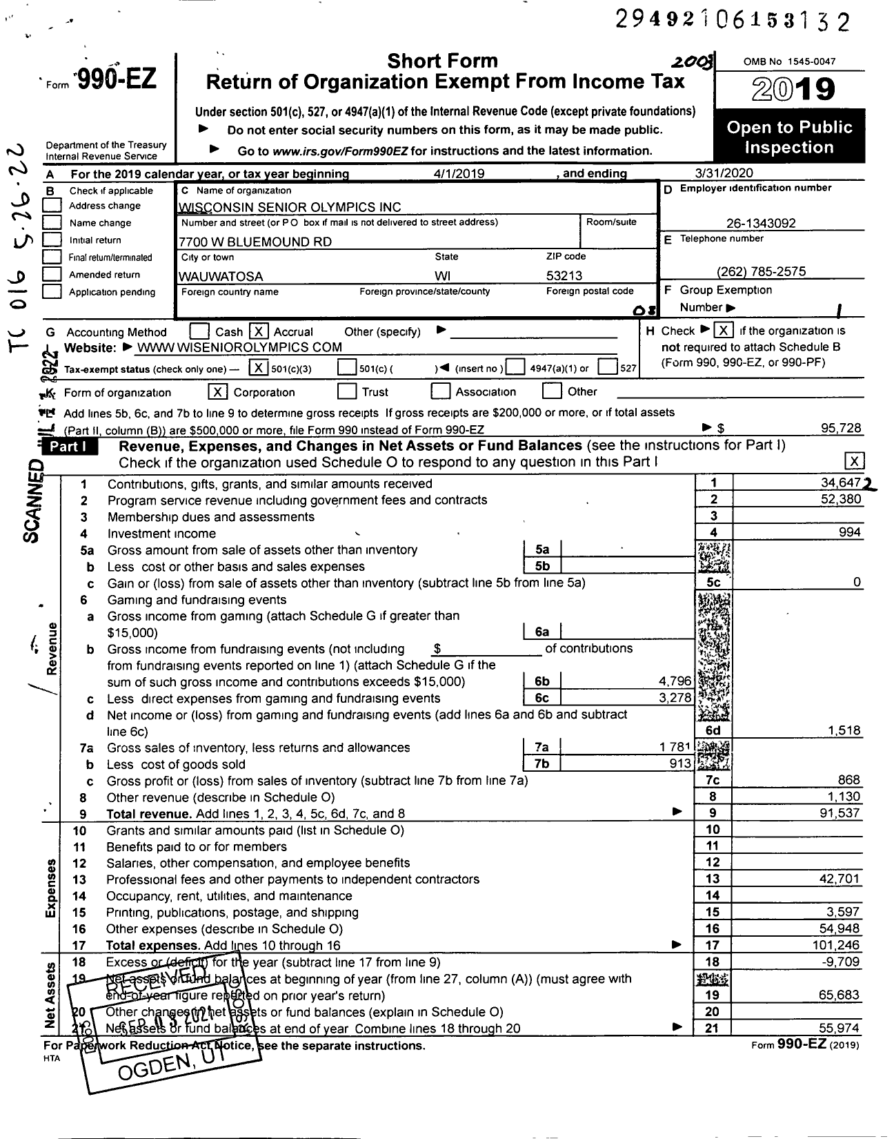 Image of first page of 2019 Form 990EZ for Wisconsin Masters Games