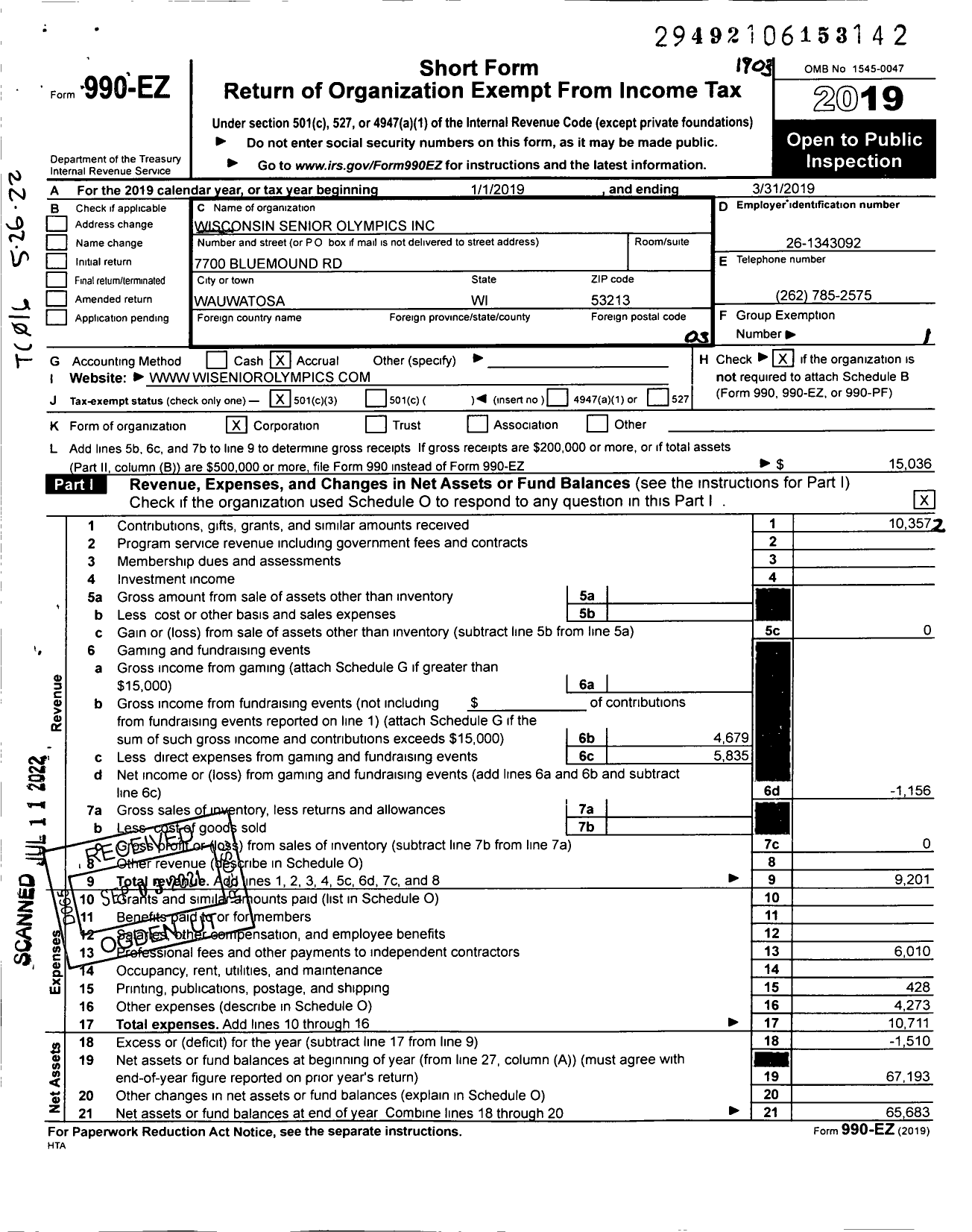 Image of first page of 2018 Form 990EZ for Wisconsin Masters Games