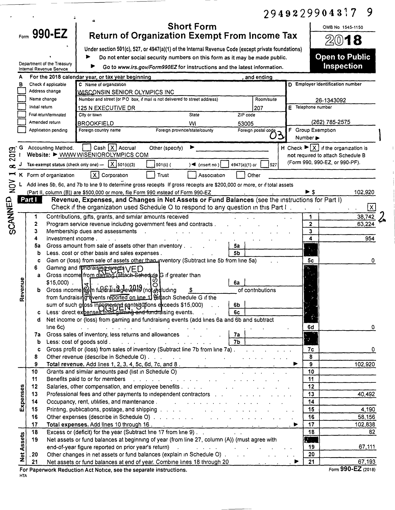 Image of first page of 2018 Form 990EZ for Wisconsin Masters Games