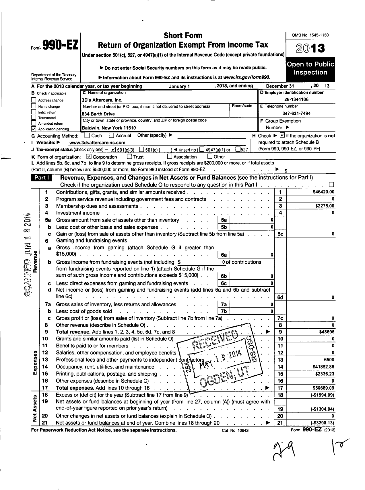 Image of first page of 2013 Form 990EZ for 3 Ds AFTERCARE