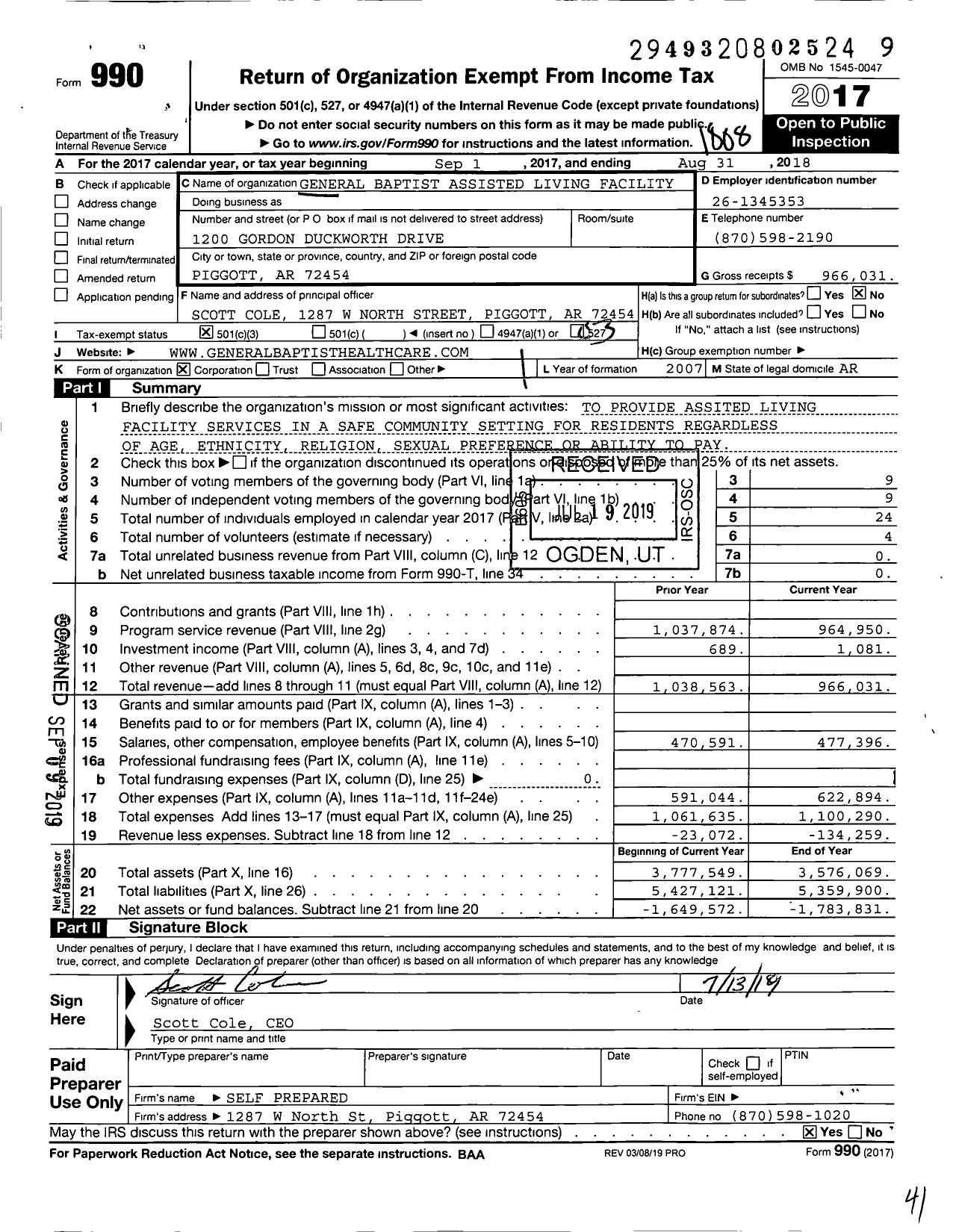 Image of first page of 2017 Form 990 for General Baptist Assisted Living Facility